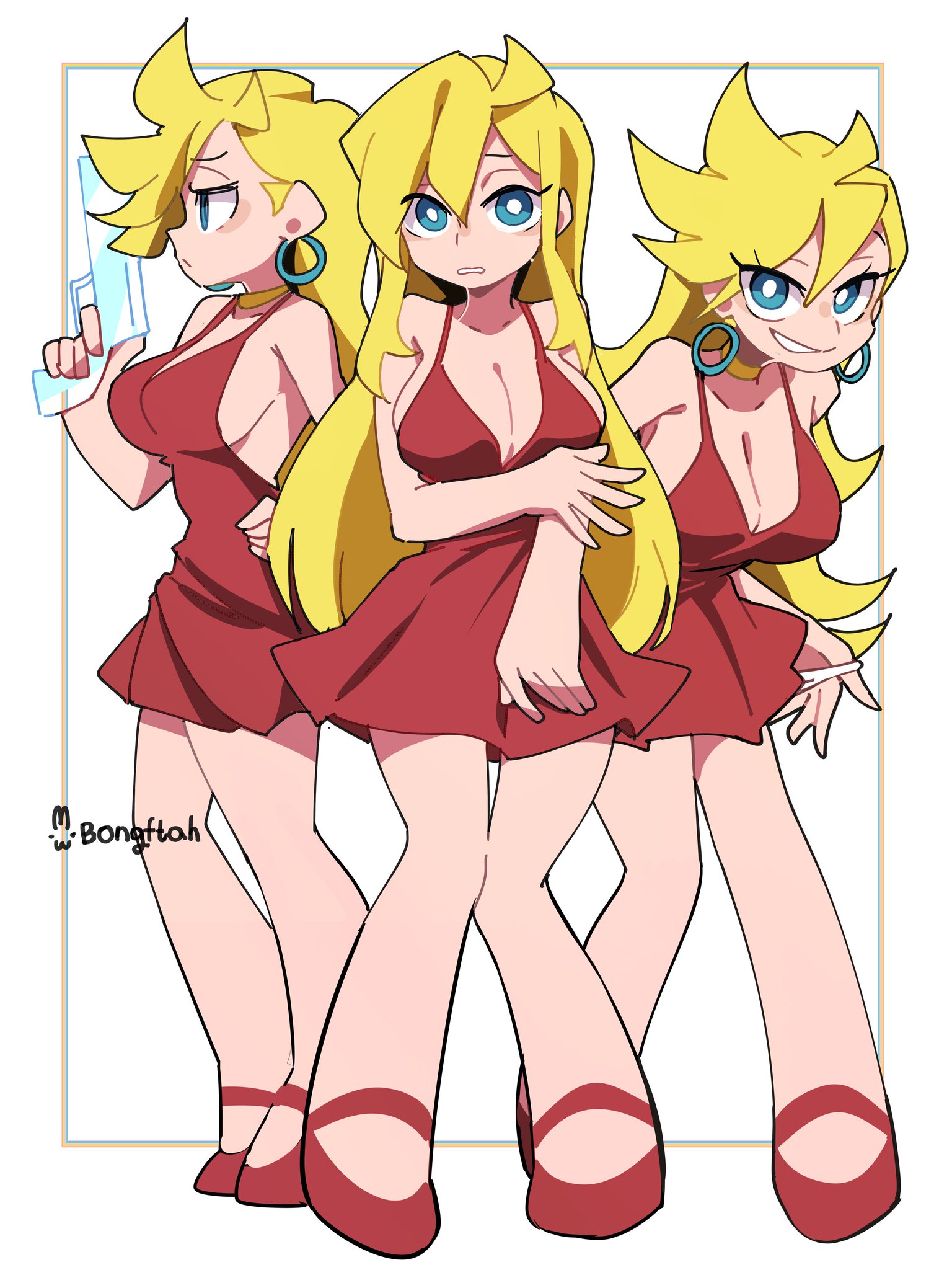 1girls, 3girls, big breasts, blonde hair, blue eyes, bongfillstudent, bongftah, breasts, dress, earrings, female, long hair, panty & stocking with garterbelt, panty anarchy, red dress, shy panty counterpart (psg), watermark