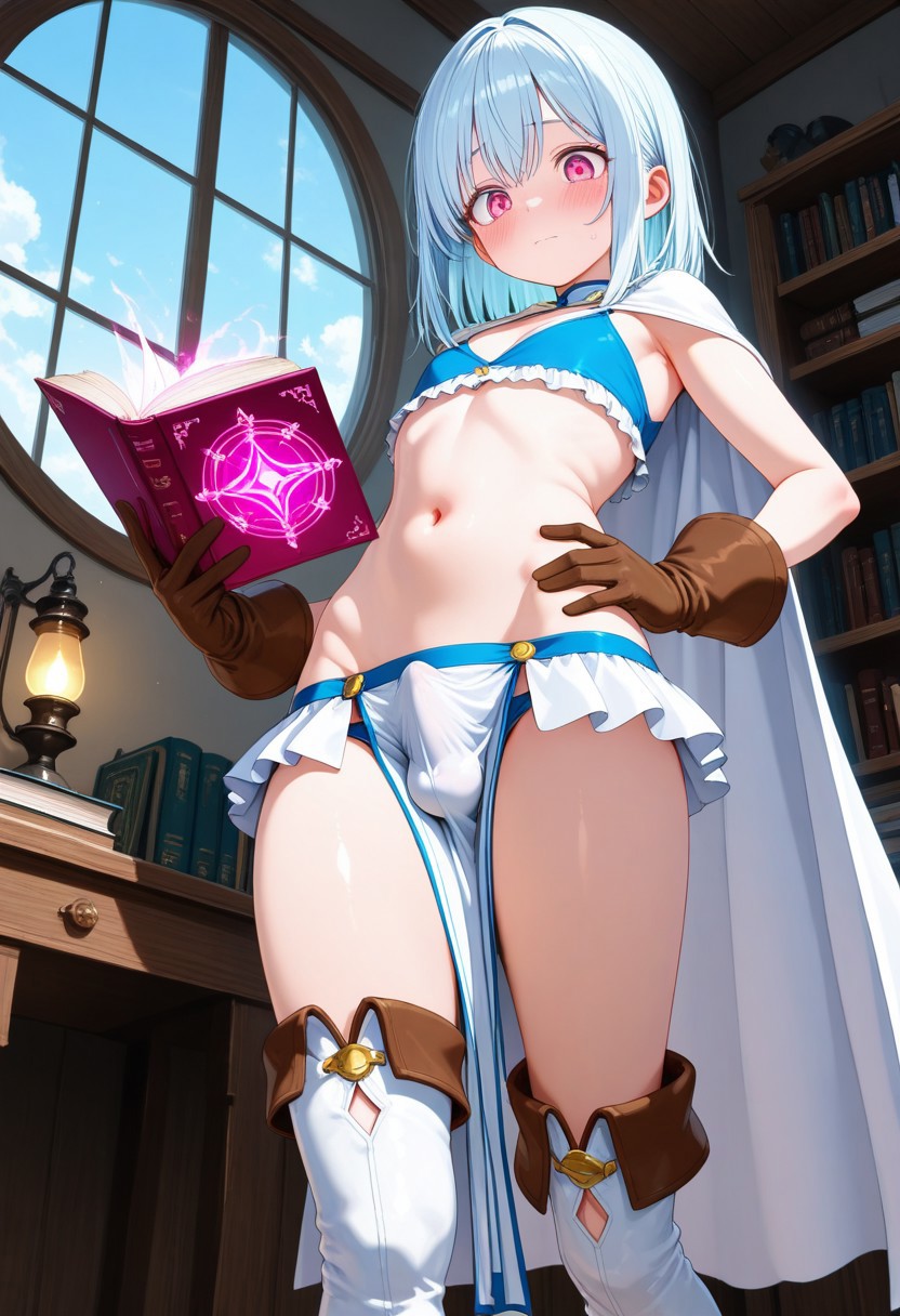 ai generated, bulge, civitai, fantasy, femboy, healer, male, nervous, pelvic curtain, penis, reading, small penis, sustaco