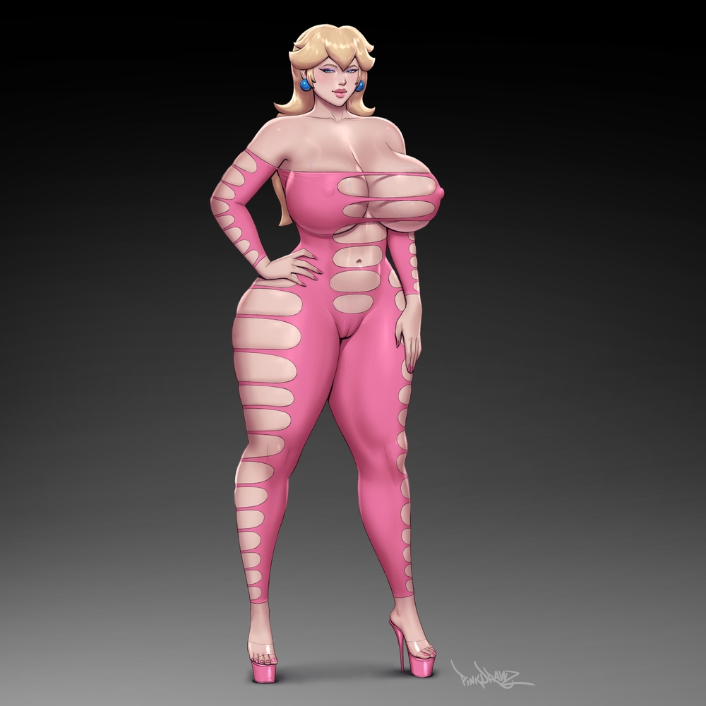 1girls, big body, big breasts, blonde hair, blue eyes, breasts, cleavage, female, female only, huge breasts, large breasts, mario (series), nintendo, pinkdrawz, princess peach, skimpy, solo, standing, voluptuous