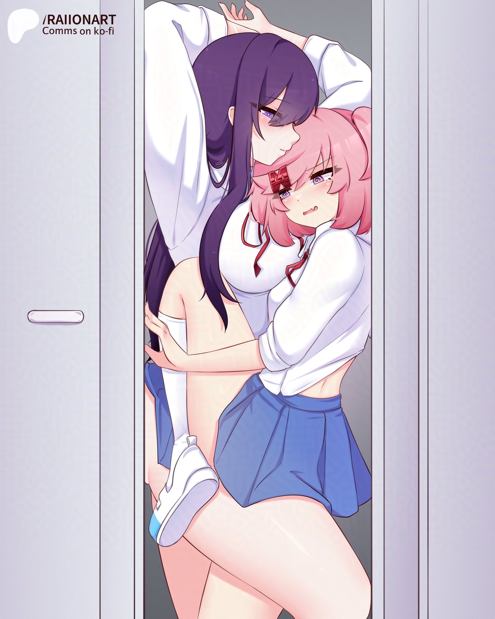 2girls, clothed, cramped, doki doki literature club, natsuki (doki doki literature club), pressed against, raionart, thick thighs, thighs, yuri (doki doki literature club)
