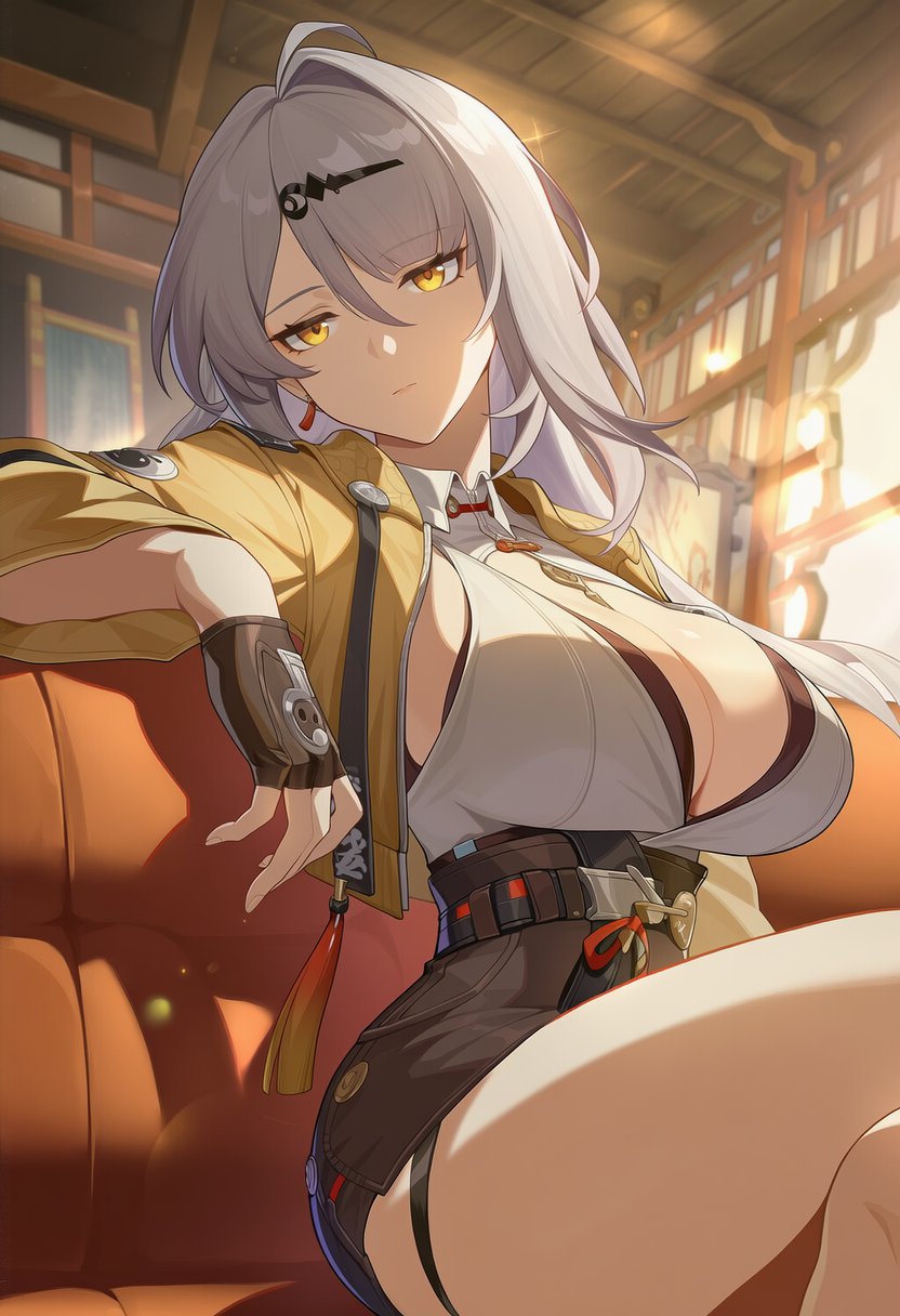 1girls, ahoge, ai generated, bangs, big breasts, breasts, cleavage, dress, female, female only, gloves, indoors, large breasts, looking at viewer, silver hair, sitting, solo, tagme, thighs, yellow eyes, yixuan (zenless zone zero), zenless zone zero
