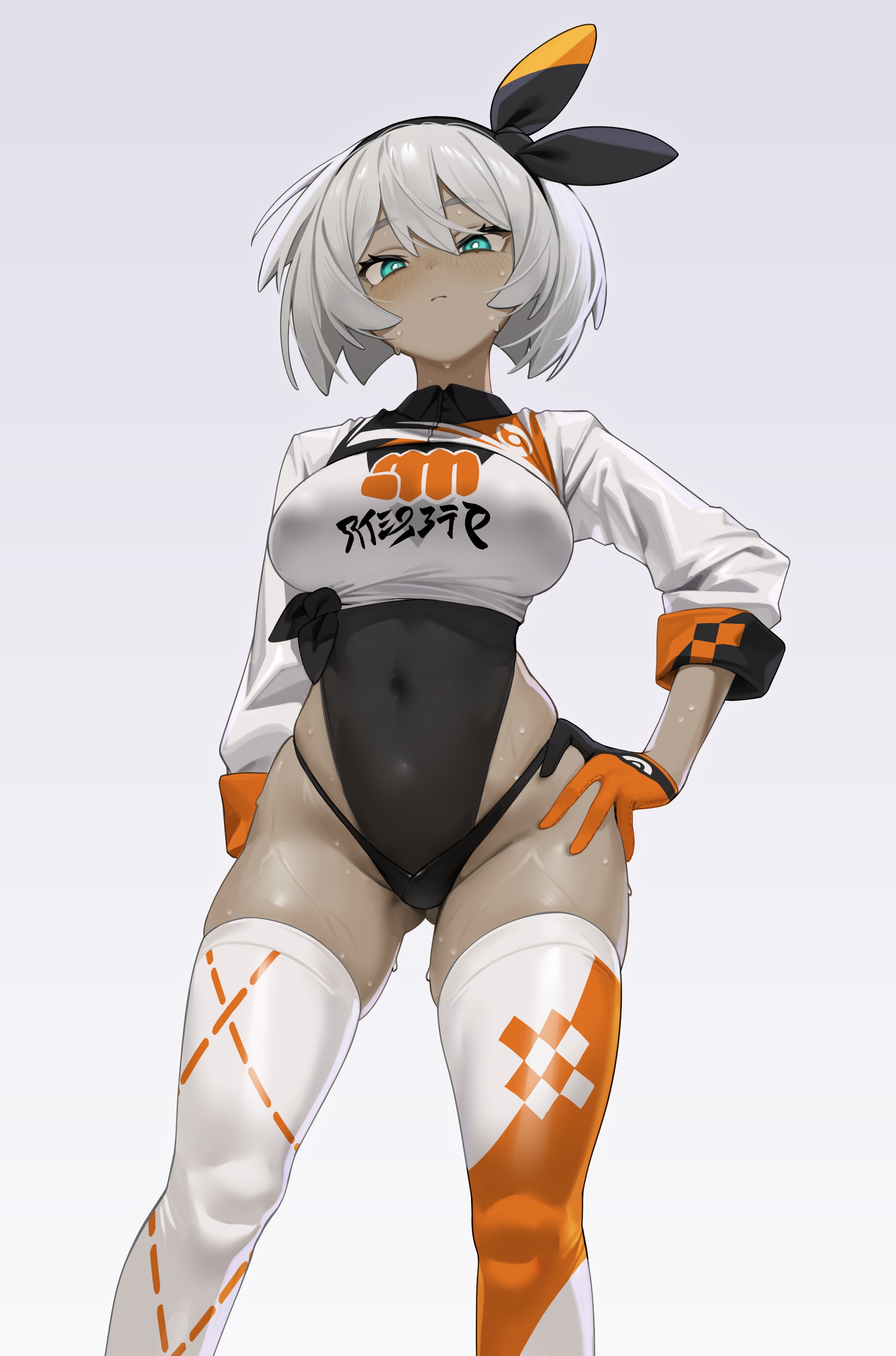 1girls, absurdres, bea (pokemon), black hairband, black leotard, blue eyes, bow hairband, breasts, bright pupils, covered navel, curvy, dark skin, dark-skinned female, double-parted bangs, feet out of frame, female, female only, from below, game freak, gloves, gluteal fold, grey background, grey hair, hair between eyes, hairband, hand on own hip, highleg, highleg leotard, highres, komadera, large breasts, leotard, light blush, long sleeves, looking at viewer, looking down, nintendo, orange gloves, pokemon, pokemon ss, pokemon swsh, shirt, short hair, shrug (clothing), simple background, skindentation, solo, standing, sweat, thighhighs, tied shirt, very sweaty, white pupils, white shirt, wide hips