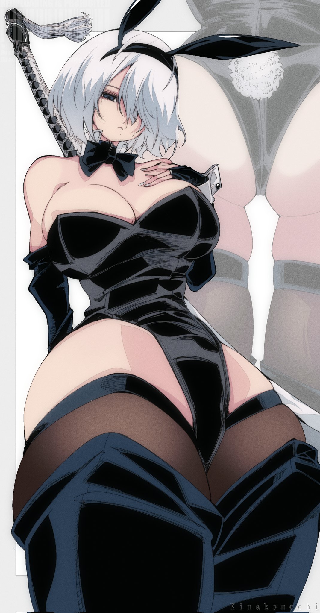 android, android girl, big breasts, black clothes, black clothing, breasts, bunny girl, bunnygirl outfit, female, female focus, female only, large boobs, large breasts, nier, nier (series), nier: automata, omochi db, robot, robot girl, robot humanoid, solo, solo focus, thick thighs, thighs, video game character, white hair, white hair female, yorha 2b