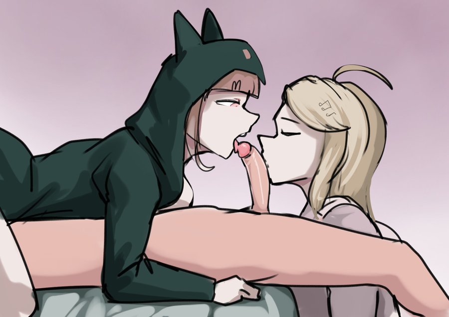 1boy, 1boy2girls, 2girls, 2girls1boy, 69, 69 position, akamatsu kaede, danganronpa, danganronpa 2, danganronpa 2: goodbye despair, danganronpa 2x2, danganronpa v3, double blowjob, female, hoodie, kissing penis, laying on bed, male, medium penis, nanami chiaki, offscreen character, offscreen male, open mouth, penis, super danganronpa 2, super danganronpa 2: goodbye despair, threesome, triplestabber, unseen male face