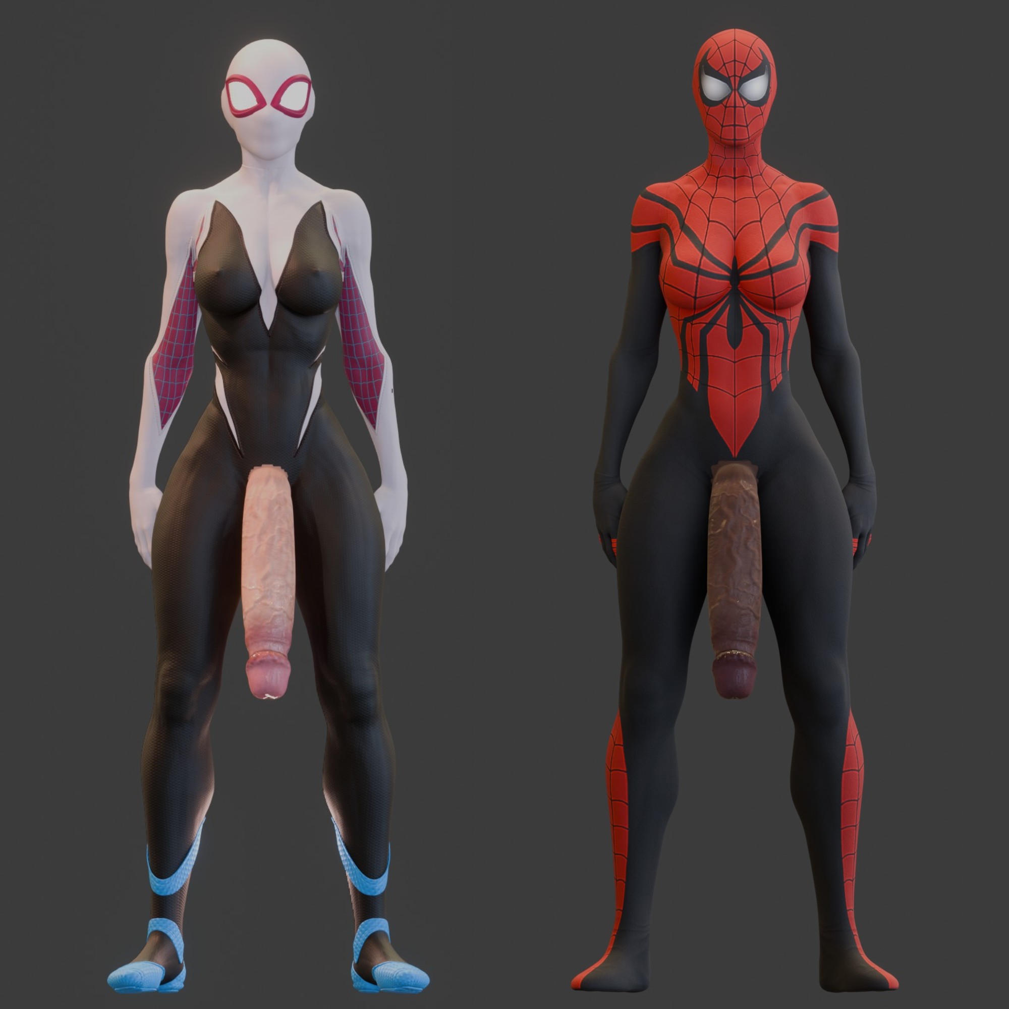 2futas, 3d, 3d (artwork), balls, bodysuit, breasts, chocolate and vanilla, clothing cutout, crotch cutout, curvaceous, curvy hips, dark skin, dark-skinned futa, erect nipples, erect nipples under clothes, fit, flaccid, flaccid penis, futa only, futanari, gwen stacy, gwen stacy (spider-verse), hourglass figure, huge cock, huge penis, hung futa, ickysticky, intersex, large cock, large penis, latex, latex bodysuit, latex clothing, latex skinsuit, light skin, light-skinned futa, marvel, marvel comics, mask, masked, masked female, mayday parker, medium breasts, pale-skinned futa, penis, reflection, spider-gwen, spider-man, spider-man (series), spider-woman, standing, superhero costume, superheroine, testicles, thick thighs, tight clothing, toned, toned body, toned futa, toned stomach, two-tone bodysuit, veins, veiny penis, wide hips
