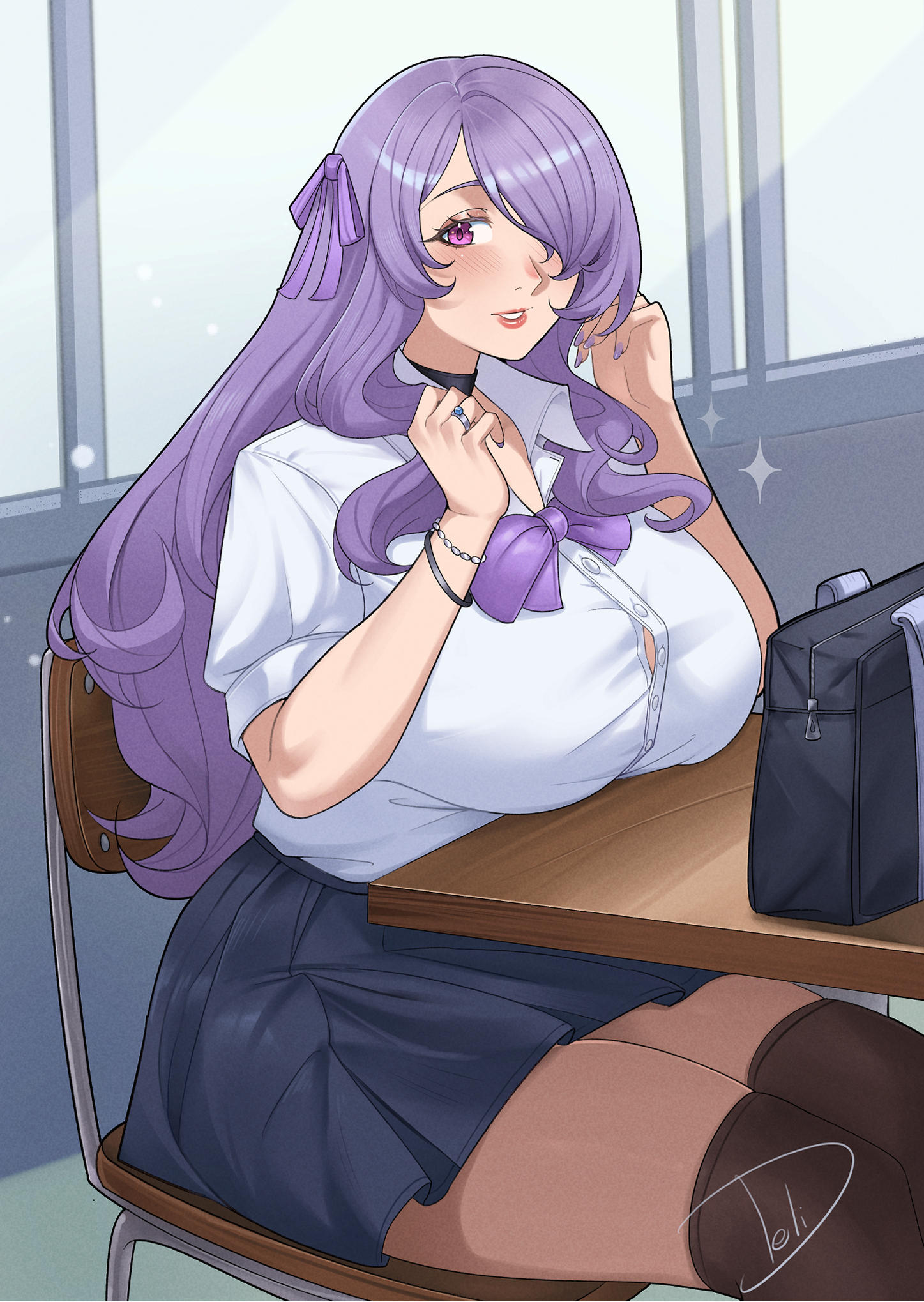 1girls, bag, black choker, black thighhighs, blue skirt, blush, bow, bowtie, bracelet, breast rest, breasts, breasts on table, button gap, camilla (fire emblem), chair, choker, classroom, collared shirt, contemporary, deliciousbrain, desk, female, female only, fire emblem, fire emblem fates, hair over one eye, hairbow, highres, huge breasts, indoors, jewelry, lips, long hair, looking at viewer, nintendo, on chair, open mouth, parted lips, partially unbuttoned, purple bow, purple bowtie, purple eyes, purple hair, ring, school bag, school desk, school uniform, shirt, short sleeves, sitting, skindentation, skirt, smile, solo, star (symbol), thick thighs, thighhighs, thighs, very long hair, wavy hair, white shirt, window