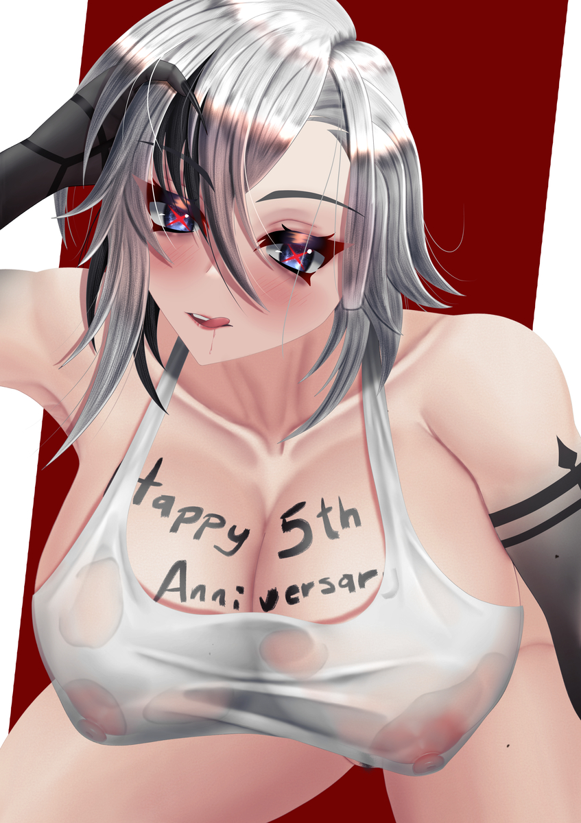 1girls, arlecchino (genshin impact), black eyes, black hair, blush, breasts, cleavage, covered nipples, female, female focus, female only, genshin impact, hair between eyes, large breasts, looking at viewer, misherudraw, multicolored hair, nipples, red eyes, red pupils, saliva, see-through, see-through shirt, short hair, smile, solo, two-tone hair, wet, white hair, x-shaped pupils