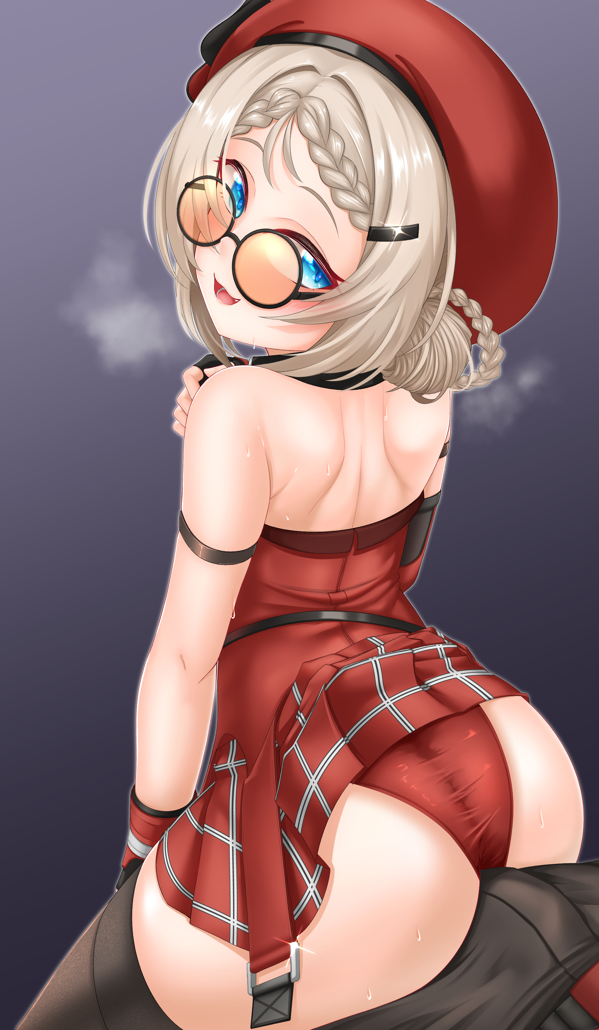 1boy, 1girls, alternate version at source, alternate version available, ass, assjob, assjob through clothes, asteratofu, back, back view, beret, blonde hair, braid, bulge, bulge through clothing, clothing, commander (girls' frontline), dress, eyewear, female, girls' frontline, girls' frontline 2: exilium, grinding, grinding on penis, grinding through clothes, hat, heavy breathing, long hair, looking at another, looking at partner, looking back, looking over eyewear, looking over sunglasses, male, mp5 (girls' frontline), open mouth, panties, pants, peri (girls' frontline 2), skirt, skirt lift, sunglasses, sweat, sweatdrop, thighhighs, tinted eyewear