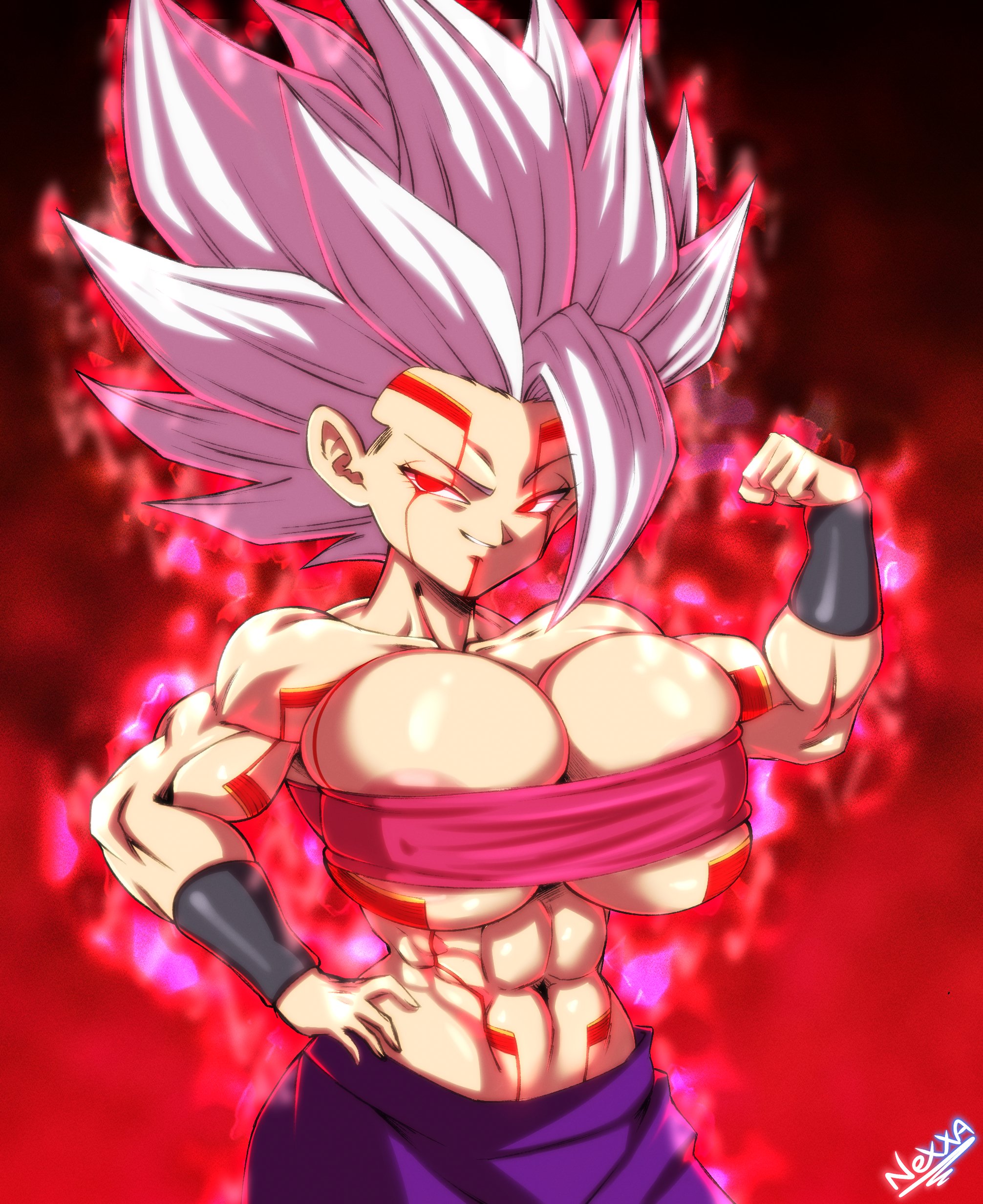 1girls, 2025, 2d, 2d (artwork), 2d artwork, arm band, arm up, armband, aura, baby (dragon ball), barely contained, barely contained breasts, big breasts, black eyes, black hair, breast focus, breasts, caulifla, clenched hand, coffeenexxa, dragon ball, dragon ball gt, dragon ball heroes, dragon ball super, erect nipples, erection under clothing, female, female focus, female only, glistening body, glistening breasts, glistening skin, glowing, glowing aura, glowing eyes, hand on hip, high resolution, highres, huge breasts, large breasts, long hair, looking at viewer, looking pleasured, muscles, muscular, muscular arms, muscular female, nexxa, possessed, possession, power up, powerful, red eyes, saiyan, saiyan female, shiny breasts, shiny hair, shiny skin, showing, showing abs, showing off, showing off muscles, smile, smiling, smiling at viewer, solo, solo female, solo focus, staring, staring at viewer, thick thighs, thighs, transformation, tuffle, tuffleization, watermark, white, white hair, white skin
