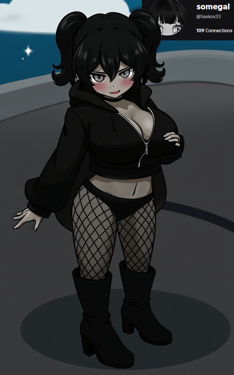 1girls, big breasts, black clothing, black hair, blush, boots, breasts, cleavage, clothed, clothing, commission, female, fishnet legwear, fishnet stockings, fishnets, grey eyes, hoodie, midriff, nsfw version available, panties, reference image, roblox, roblox avatar, robloxian, saekox33, self upload, sfw version, stomach, tagme, thighhighs, thighs, twintails, unzipped hoodie, vrakt