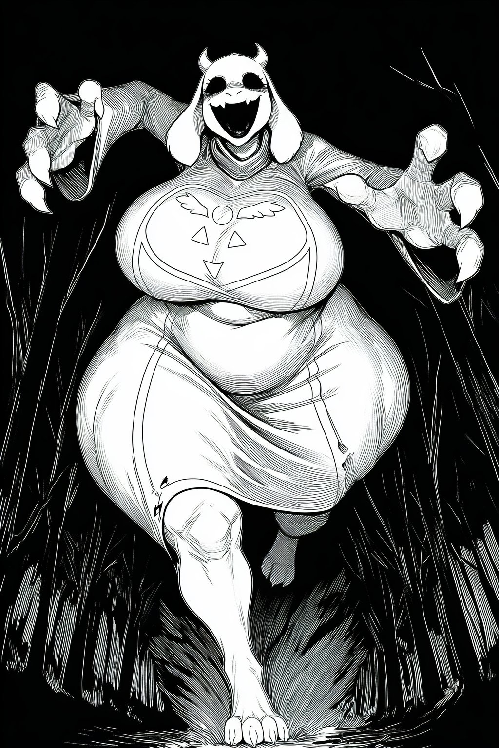 barefoot, big ass, big breasts, black and white, black eyes, black mouth, breasts, creepy, female, follow up, huge ass, huge breasts, solo, solo female, tagme, toriel, undertale