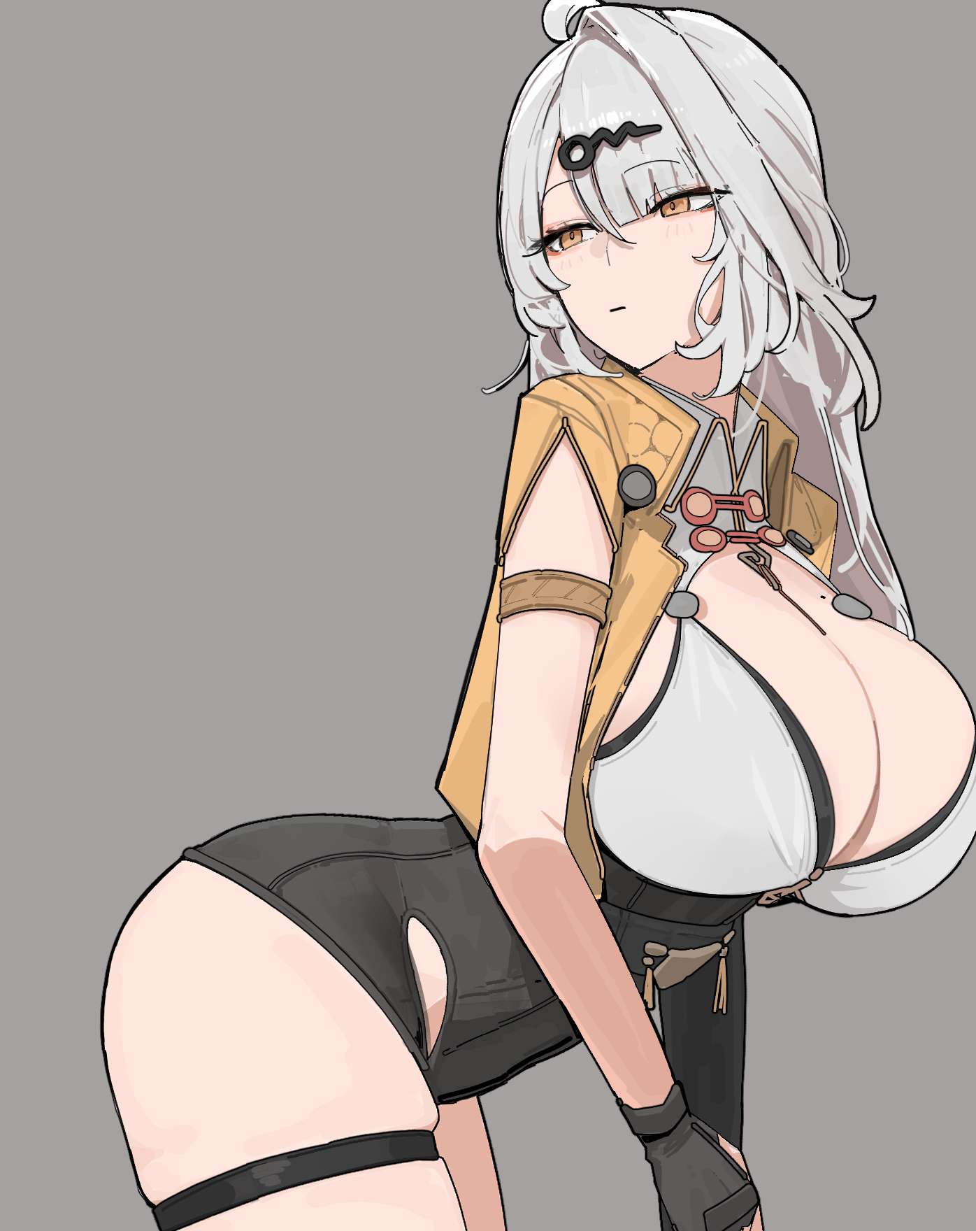 1girls, azz0422, black shorts, breasts, cleavage, female, grey hair, highres, large breasts, light skin, light-skinned female, looking at viewer, short shorts, shorts, sweat, thick thighs, thighs, wide hips, yellow eyes, yin yang, yixuan (zenless zone zero), zenless zone zero