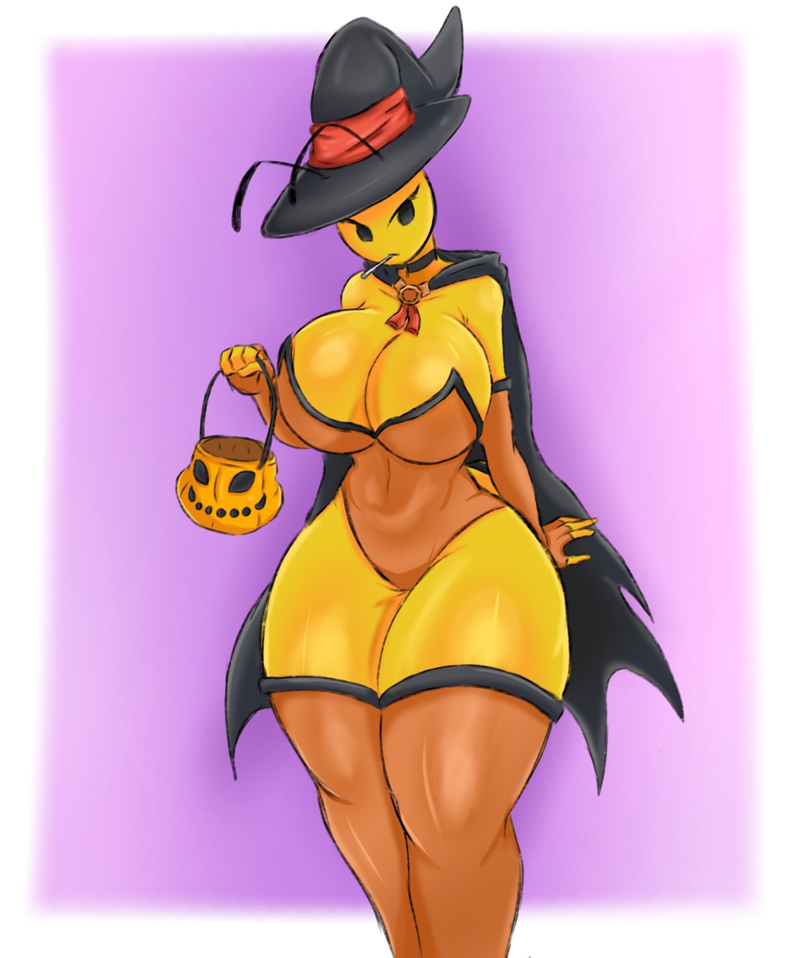 amber the bee (golden toad), antennae (anatomy), bee, bee girl, big breasts, big thighs, breasts, female, golden toad, halloween, halloween costume, humanoid, insect girl, insect humanoid, wizard hat