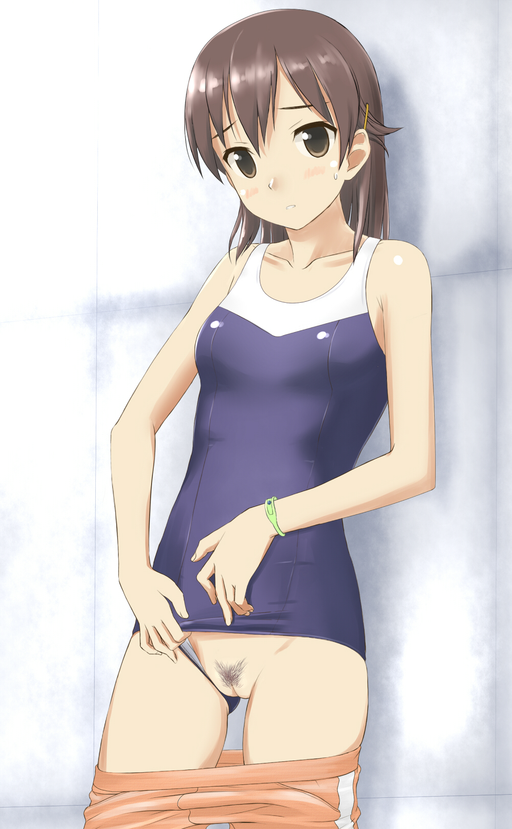 against_wall bare_shoulders blush bracelet brown_eyes brown_hair collarbone fat_mons hair_ornament hairclip highres jewelry kyouno_madoka looking_at_viewer one-piece_swimsuit pants_pull parted_lips pointy_chin pubic_hair pussy rinne_no_lagrange solo sweatdrop swimsuit swimsuit_aside takafumi track_pants uncensored