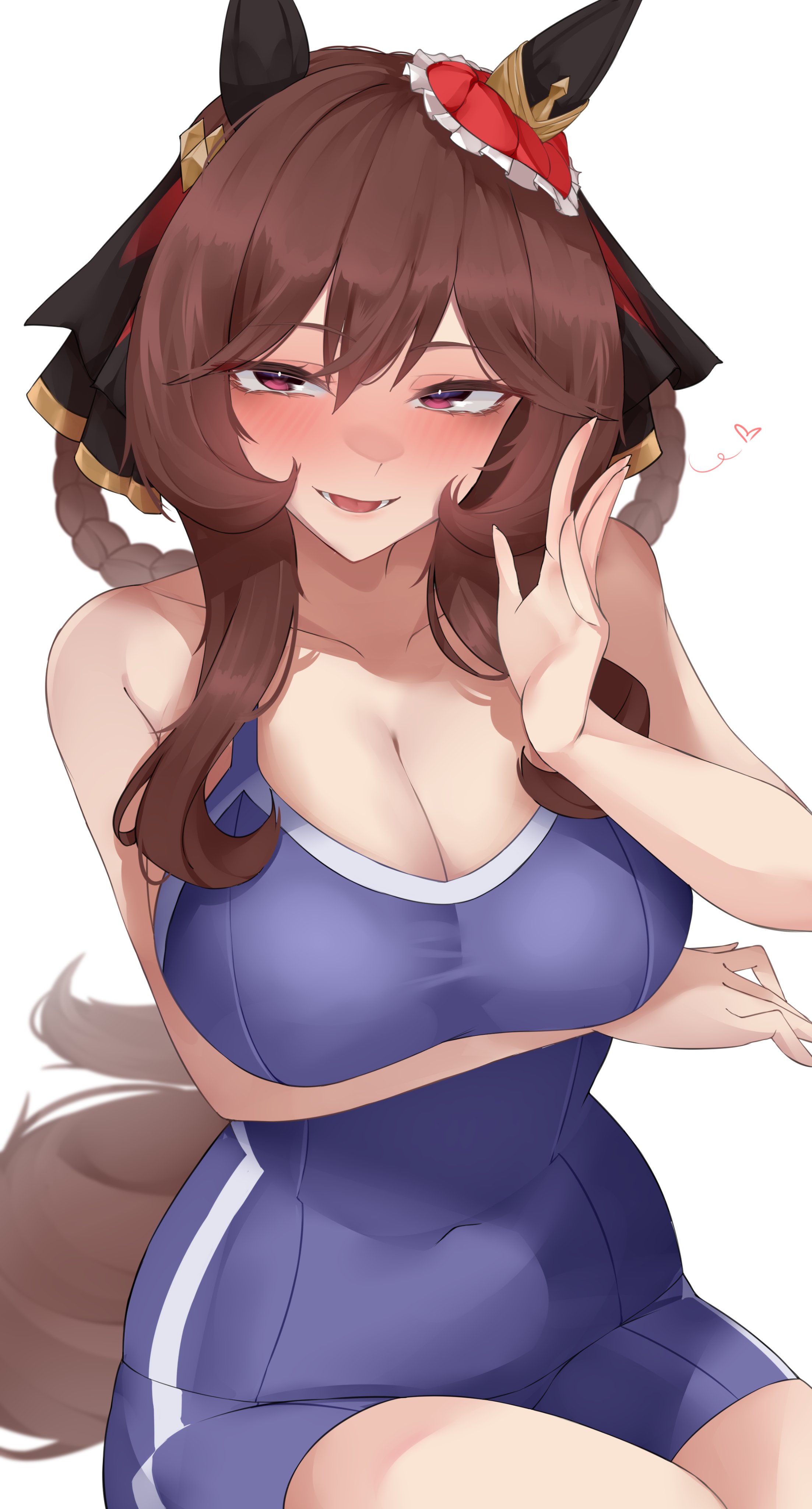 :d, 1girls, absurdres, animal ears, arm under breasts, blue one-piece swimsuit, blush, braid, braided hair rings, breasts, brown hair, cleavage, collarbone, covered navel, ear covers, ear ornament, female, female only, gentildonna (umamusume), hair between eyes, hair rings, heart, highres, horse ears, horse girl, horse tail, large breasts, long hair, looking at viewer, one-piece swimsuit, open mouth, purple eyes, red eyes, simple background, sitting, smile, solo, swimsuit, tail, tracen swimsuit, umamusume, white background, xkittyzx