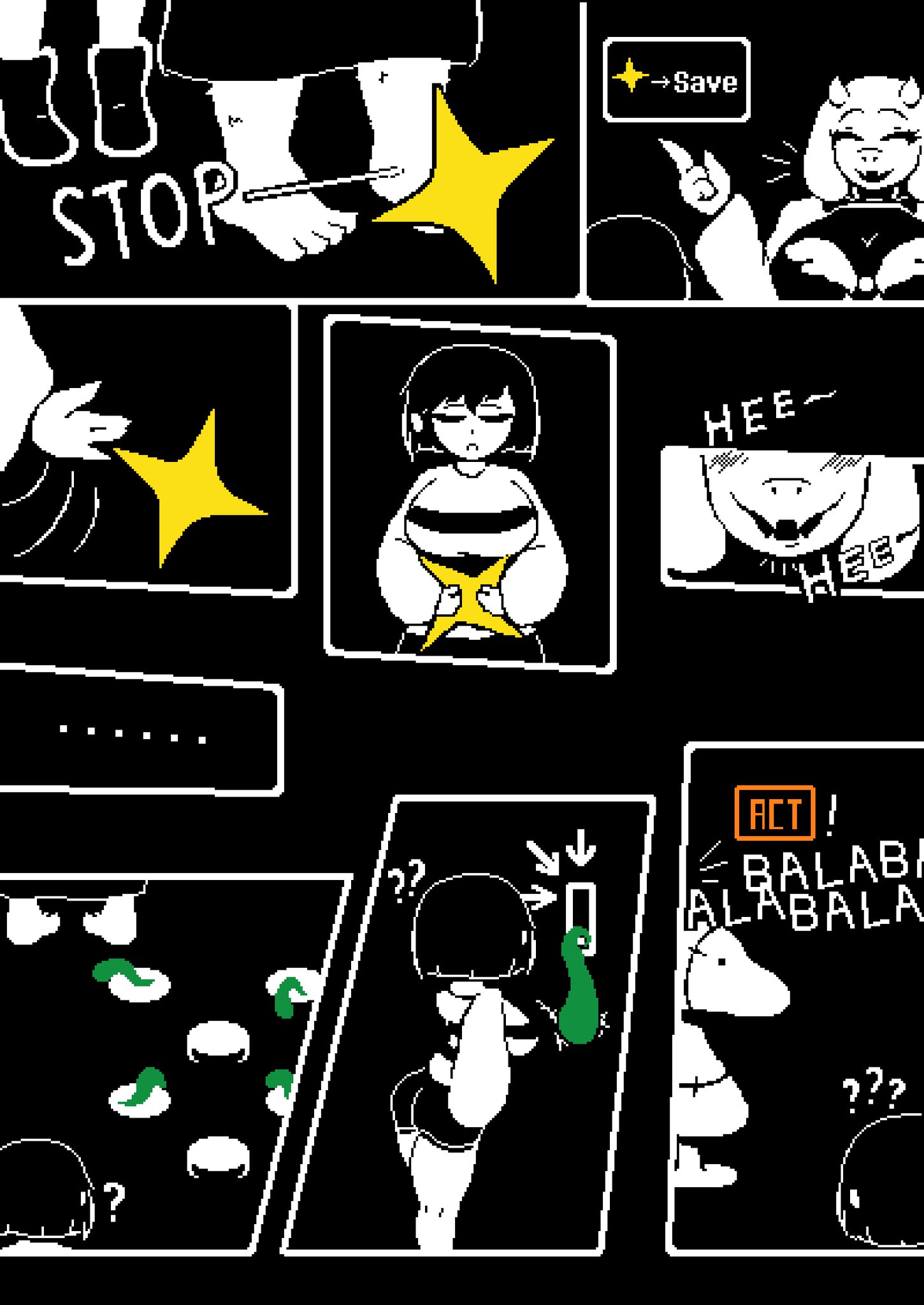 ?, 1gonth, ass, big ass, big breasts, blush lines, boots, breasts, comic, dummy (undertale), feet, female, frisk, frisk (undertale), frown, highres, mr1ngonth, pixel art, possession, striped clothing, toriel, undertale, vines