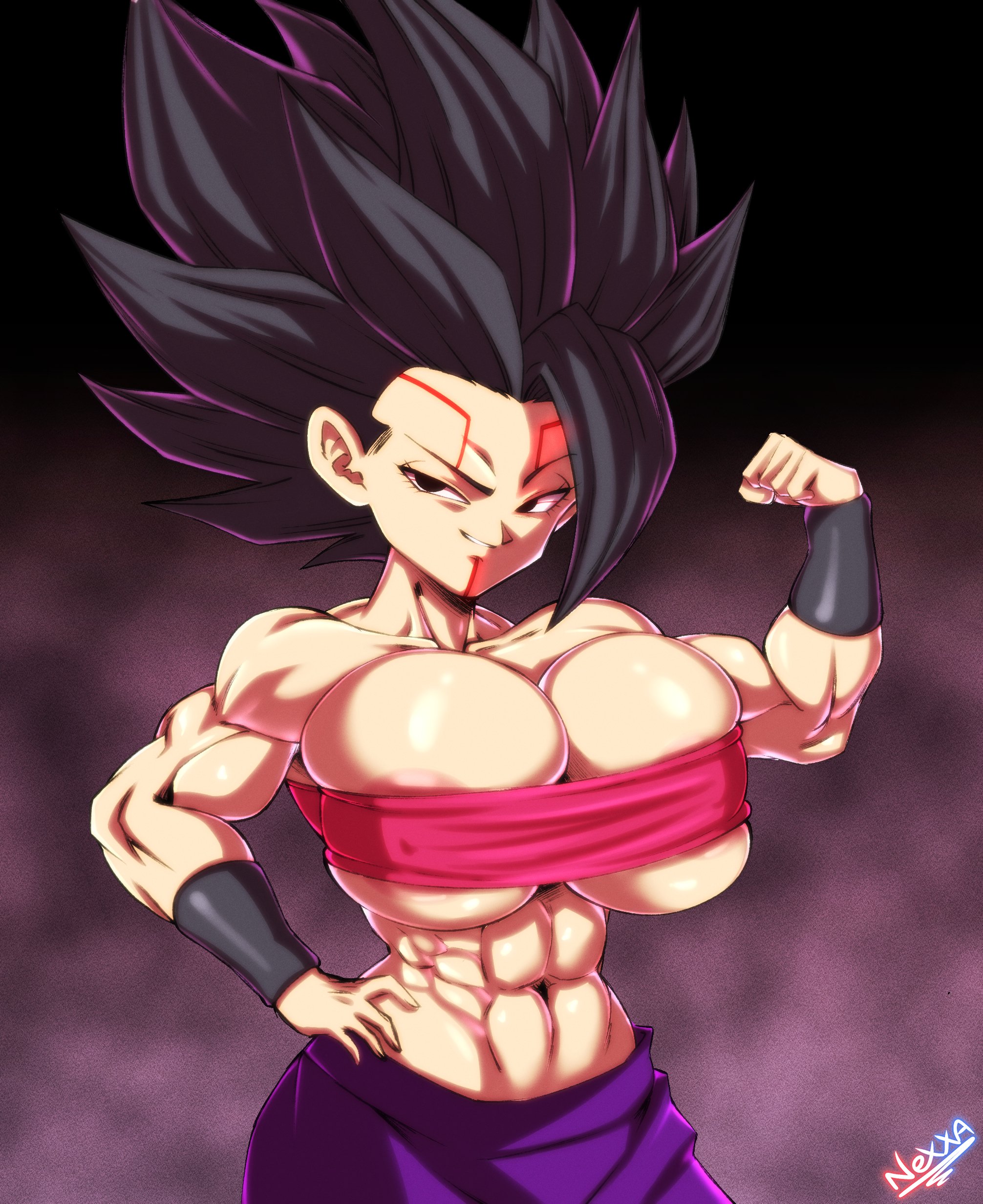 1girls, 2025, 2d, 2d (artwork), 2d artwork, arm band, arm up, armband, baby (dragon ball), barely contained, barely contained breasts, big breasts, black eyes, black hair, breast focus, breasts, caulifla, clenched hand, coffeenexxa, dragon ball, dragon ball gt, dragon ball heroes, dragon ball super, erect nipples, erection under clothing, female, female focus, female only, glistening body, glistening breasts, glistening skin, hand on hip, high resolution, highres, huge breasts, large breasts, long hair, looking at viewer, looking pleasured, muscles, muscular, muscular arms, muscular female, nexxa, possessed, possession, saiyan, saiyan female, shiny breasts, shiny hair, shiny skin, showing, showing abs, showing off, showing off muscles, smile, smiling, smiling at viewer, solo, solo female, solo focus, staring, staring at viewer, thick thighs, thighs, tuffle, tuffleization, watermark, white, white skin