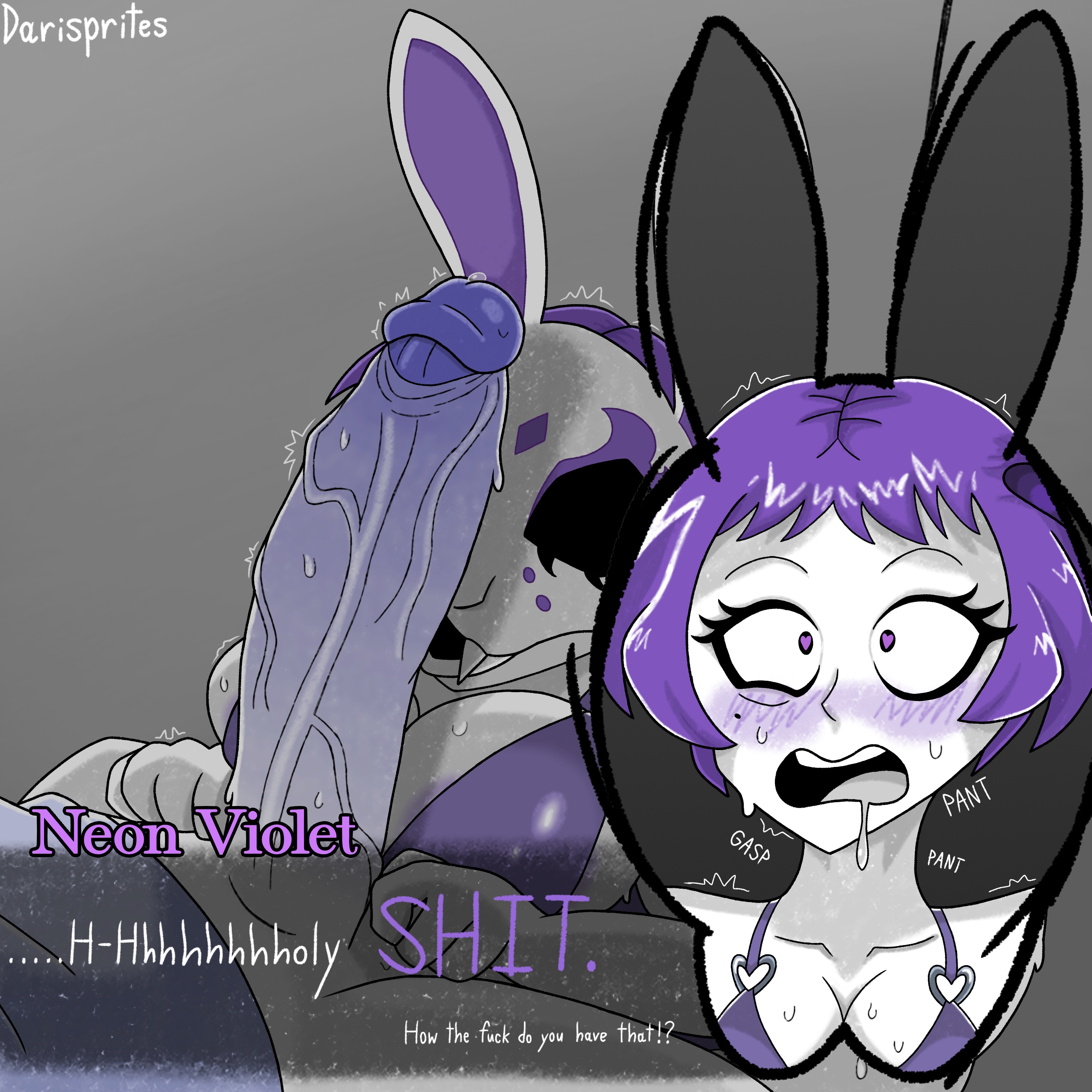 1boy, 1girls, ahe gao, ass, big ass, big breasts, big butt, big penis, breasts, bunny ears, bunny mask, cock shock, constricted pupils, darisprites, drool, drool string, drooling, female, femboy, femboy on female, hairclip, heart eyes, huge ass, huge breasts, huge cock, male, male/female, mask, masked, masked female, neon indigo, neon violet, neon white, panting, penis, penis awe, penis on face, penis shadow, purple hair, purple swimsuit, rabbit ears, rabbit mask, simple background, straight, sweat, sweating, sweating female, sweaty, sweaty ass, sweaty body, sweaty breasts, sweaty butt, sweaty penis, swimsuit, text, text box, twink, uncensored, white skin, white-skinned female, white-skinned male