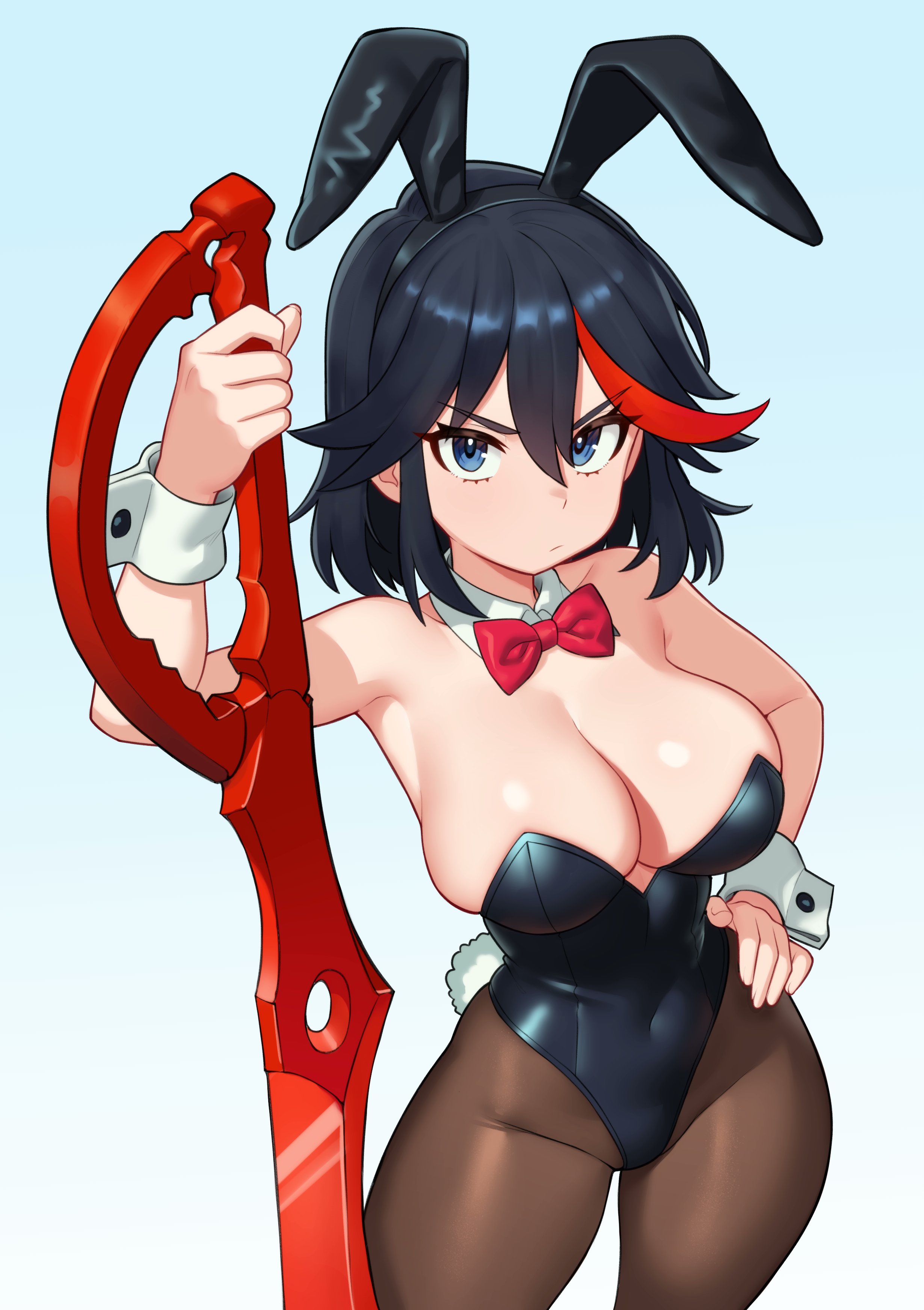 1girls, absurdres, alternate breast size, animal ear hairband, animal ears, bare shoulders, black hair, black leotard, black pantyhose, black-haired female, blue background, blue eyes, bow, bowtie, breasts, bunny ears, bunnysuit, cleavage, closed mouth, commentary, commission, contrapposto, covered navel, detached collar, double-parted bangs, english commentary, fake animal ears, fake tail, female, female only, hair between eyes, hairband, hand on own hip, highleg, highleg leotard, highres, hourglass figure, kill la kill, large breasts, leotard, light-skinned female, looking at viewer, matoi ryuuko, moursho, multicolored hair, pantyhose, planted, planted sword, planted weapon, playboy bunny, rabbit ear hairband, rabbit ears, rabbit tail, red bow, red bowtie, red hair, revealing clothes, scissor blade (kill la kill), short hair, simple background, slim waist, solo, strapless, strapless leotard, streaked hair, sword, tail, thick thighs, traditional bowtie, two-tone hair, v-shaped eyebrows, weapon, wide hips, wrist cuffs