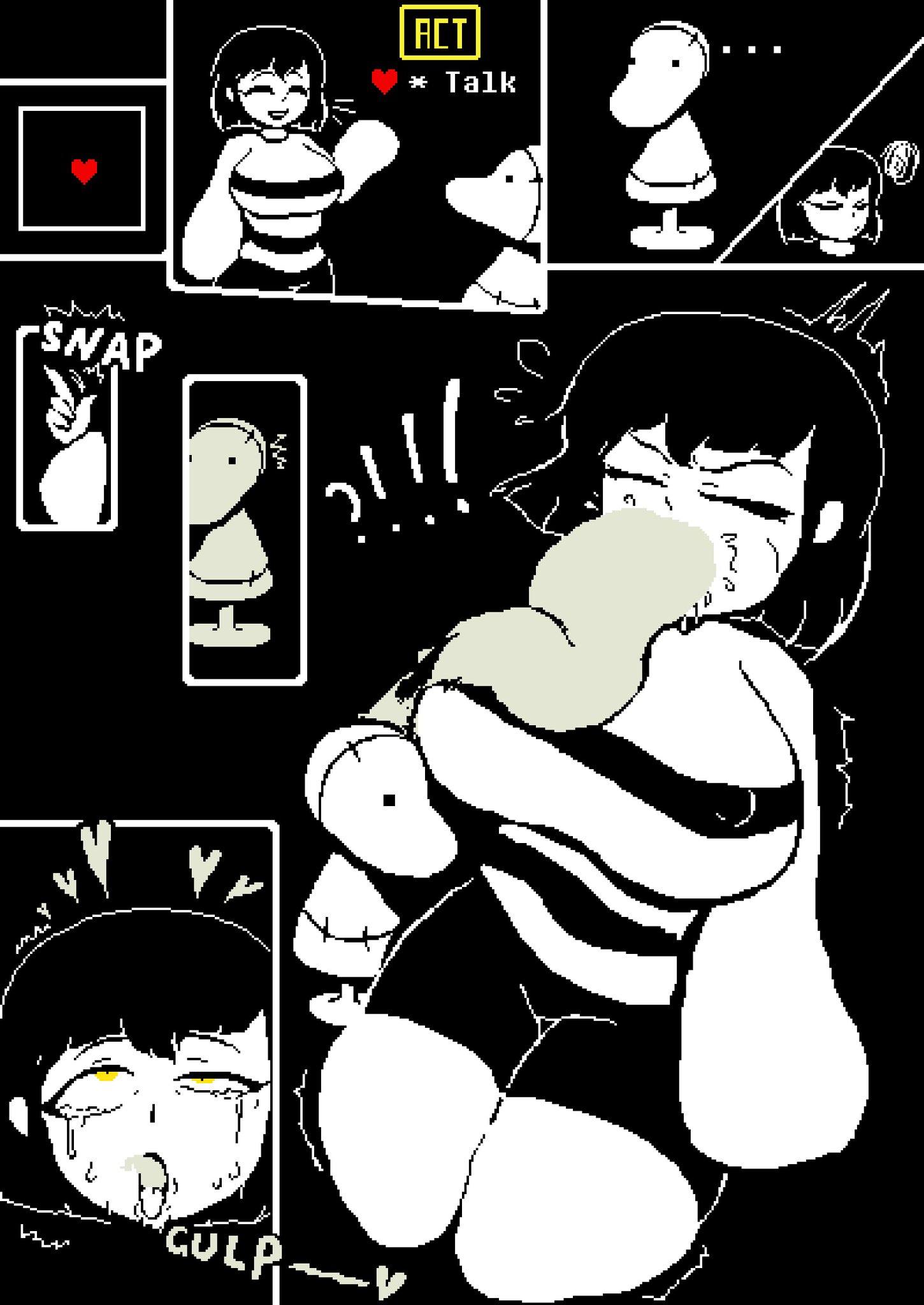 1gonth, big ass, big breasts, breasts, comic, dummy (undertale), female, frisk, frisk (undertale), frustrated, highres, mr1ngonth, pixel art, possession, shaking, shorts, snapping fingers, striped clothing, thighs, undertale, yellow eyes