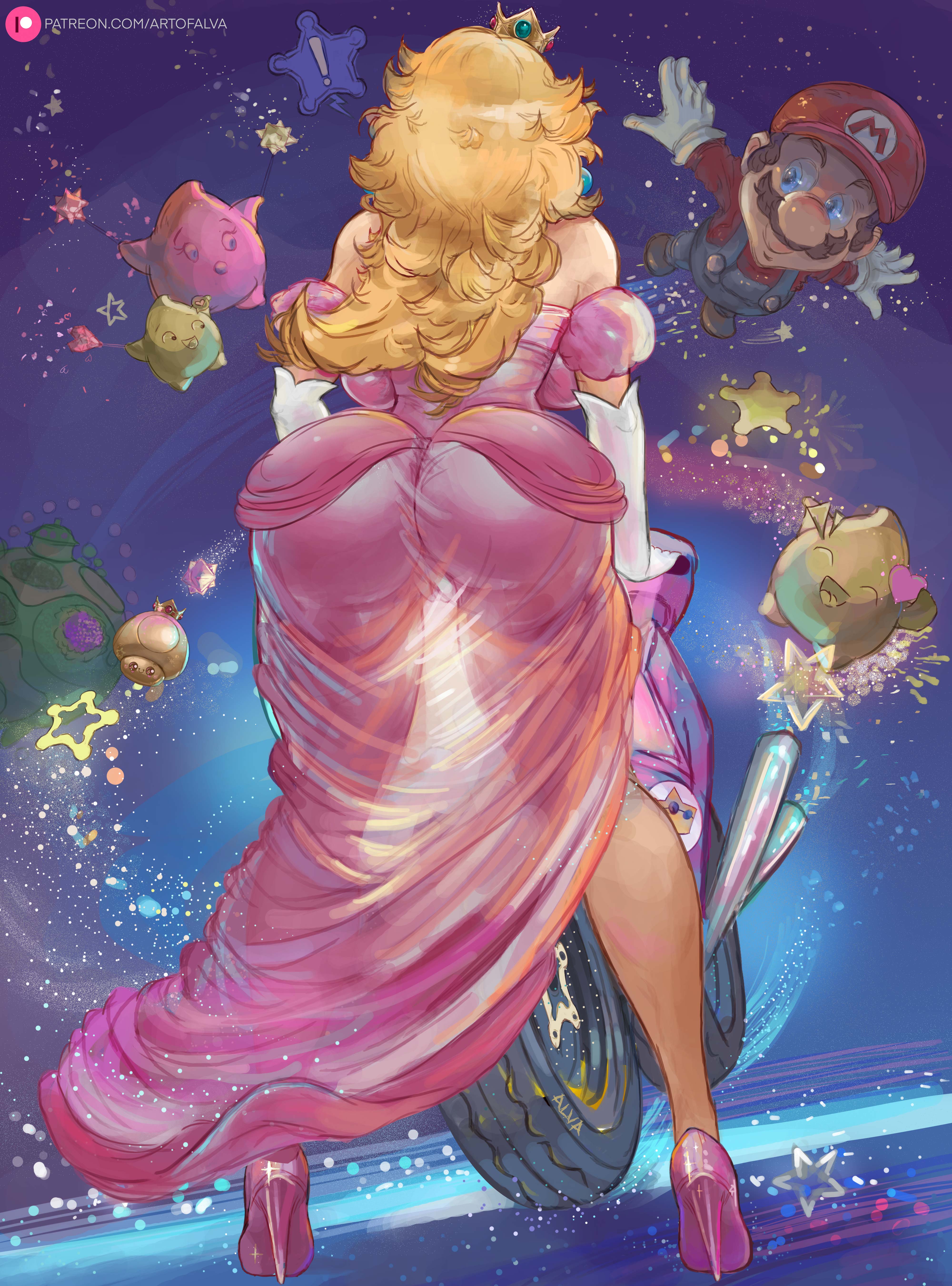 1boy, 1girls, absurdres, alva (artofalva), armwear, artist name, artofalva, ass, ass focus, ass in dress, ass shot, back turned, back view, backboob, bare shoulders, big ass, big breasts, blonde female, blonde hair, blue eyes, breasts, bubble ass, bubble butt, cleavage, clothed, clothing, crown, dress, facial hair, female, female focus, from behind, gloves, golden mushroom, grin, hat, heels, hi res, high heels, highres, hips, human, hungry luma, hungry luma (super mario galaxy), legs, light skin, light-skinned female, light-skinned male, long hair, long legs, looking at another, luma, male, mammal, mario, mario (series), mario kart, mature, mature female, mature male, motor vehicle, motorcycle, moustache, mushroom, nintendo, nipples visible through clothing, no bra, no panties, on motorcycle, outdoors, outer space, overalls, patreon username, pink dress, pink high heels, princess, princess peach, pussy, pussy visible through clothes, rainbow road, red hat, red shirt, revealing clothes, royalty, see-through clothes, see-through dress, see-through silhouette, sexy, shoes, single slit dress, slim waist, slit dress, smile, space, star bit, super mario galaxy, teasing, thick ass, thick thighs, thigh gap, thighs, tight clothing, voluptuous, voluptuous female, watermark, white gloves, wide hips
