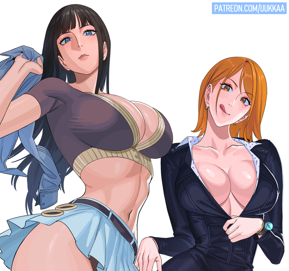 2025, 2girls, bangle, bangs, black hair, black-haired female, blue eyes, blunt bangs, bracelet, breasts, brown eyes, collarbone, cosplay, costume switch, denim, denim jacket, earrings, fat breasts, female, female only, flat belly, height difference, holding, holding unworn clothes, jacket, jewelry, large breasts, leather dress, licking lips, log pose, long hair, looking at viewer, midriff, multiple females, multiple girls, nami (one piece), nami (one piece) (cosplay), nami (one piece) (enies lobby), navel, nico robin, nico robin (cosplay), nico robin (enies lobby), no bra, one piece, orange hair, orange-haired female, parted lips, partially unzipped, pre-timeskip, simple background, swapped clothes, thighs, tongue, tongue out, underboob, unworn jacket, uukkaa, white background