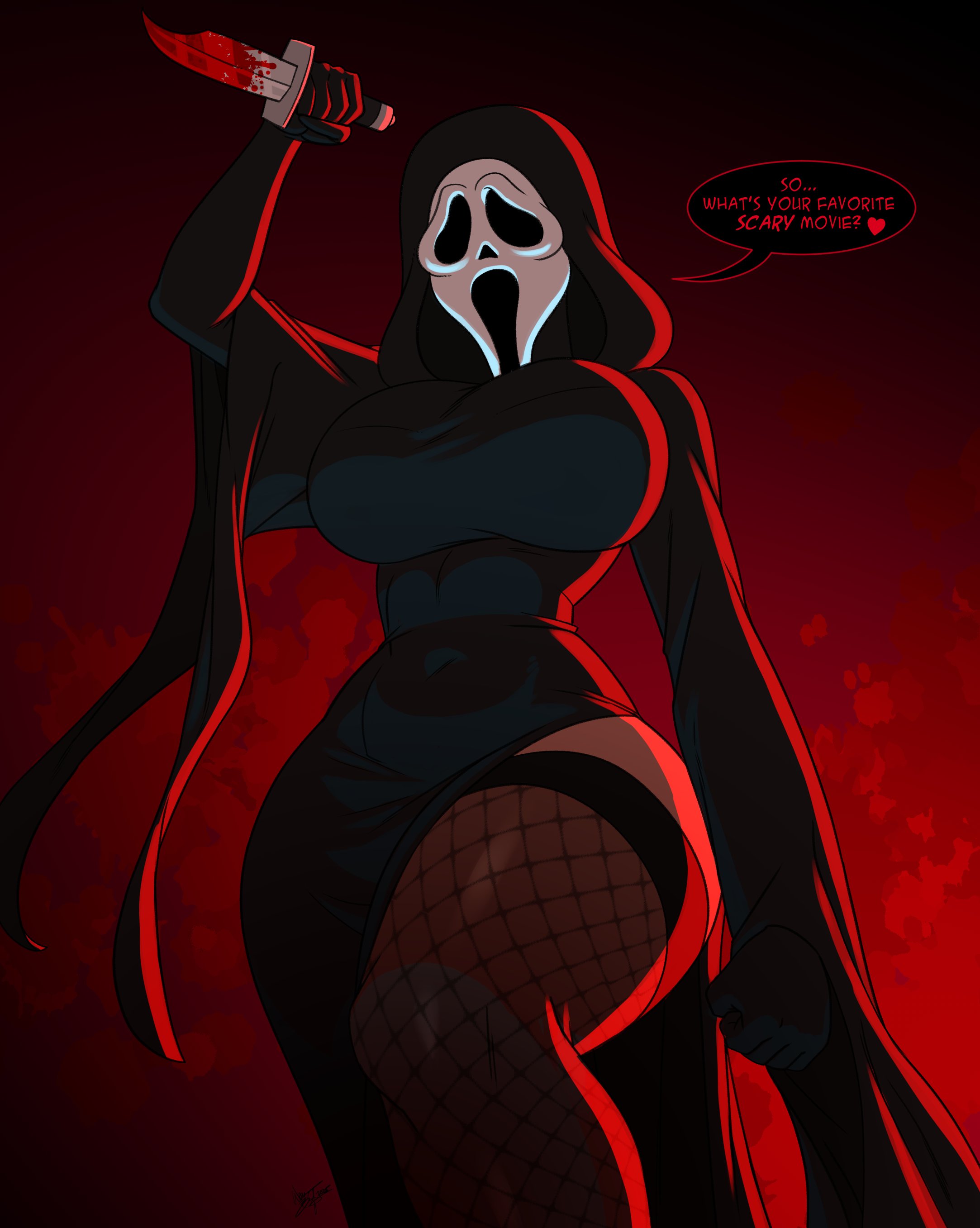 aeolus06, big breasts, breasts, female, female ghostface, fishnet, ghostface, rule 63, scream (franchise), thick thighs