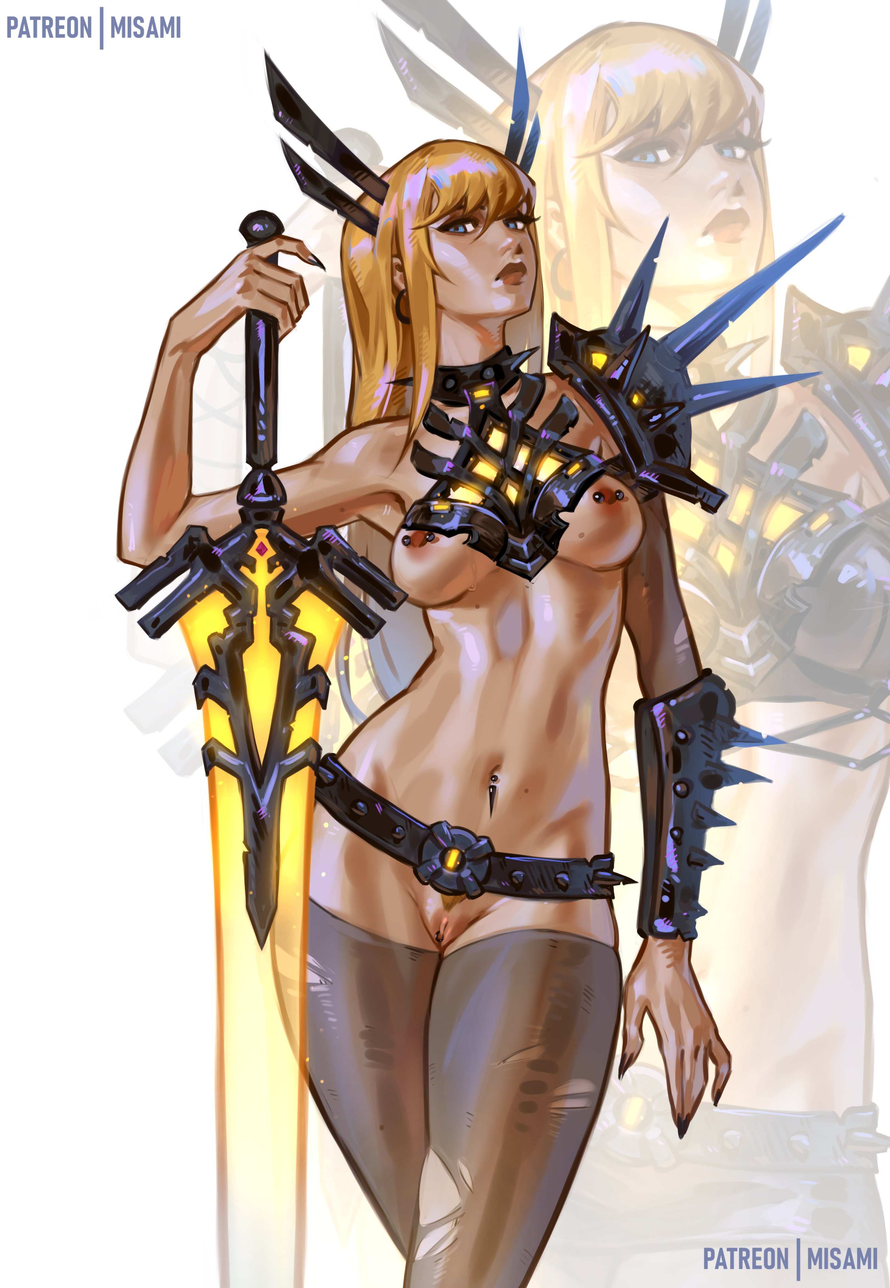 1girls, 2d, big thighs, breasts, breasts out, curvy, female, female only, female torso, functionally nude female, human, magik (illyana rasputin), magik (marvel rivals), marvel, marvel comics, marvel rivals, medium breasts, misami, naked, nude, perky breasts, perky nipples, pierced clitoris, pierced genitals, pierced nipples, piercing, piercings, pinup, pussy, ripped bodysuit, ripped clothing, ripped stockings, solo, sword, thick legs, thick thighs, thigh highs, thighhighs, tits out, weapon, wide hips, wide thighs, x-men