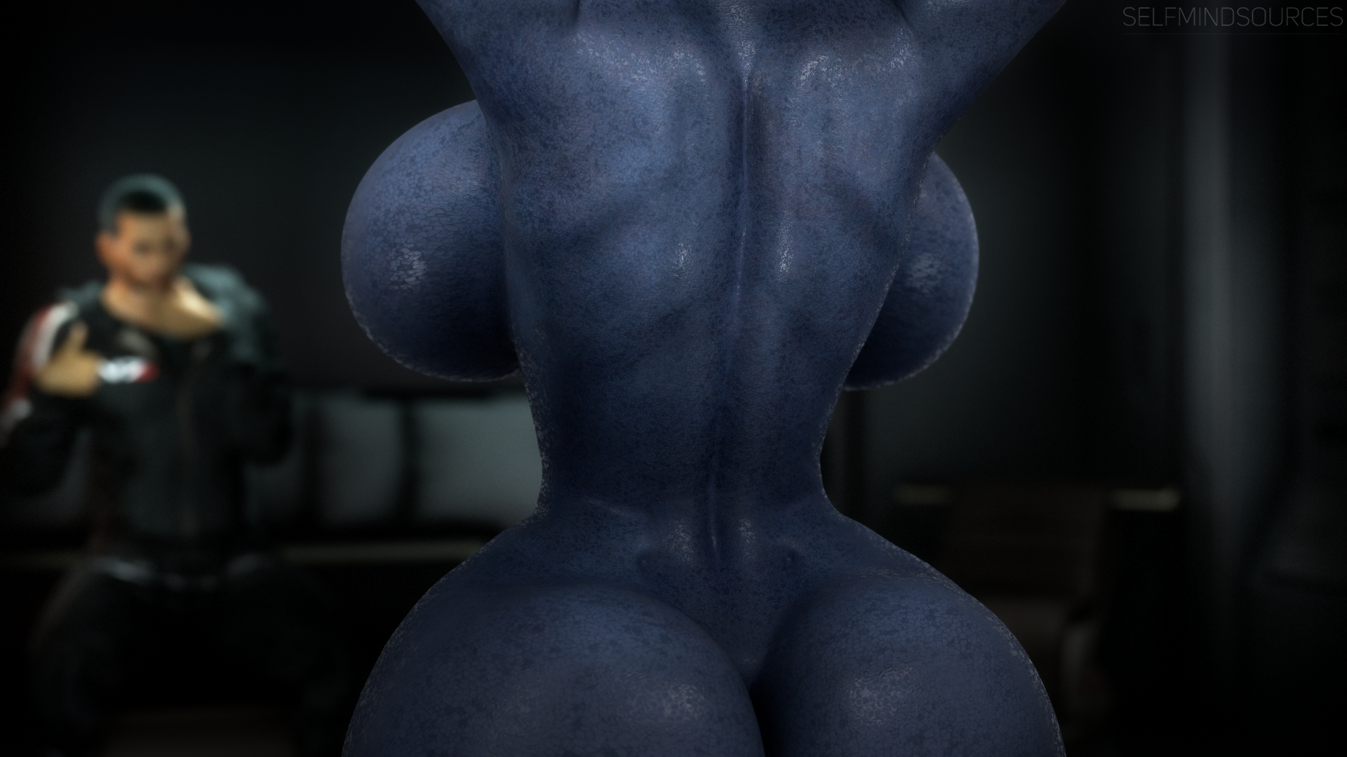 1boy, 1boy1girl, 1girls, 3d, alien, alien girl, alien humanoid, alternate breast size, arms up, asari, ass, ass crack, back, back muscles, back view, backboob, bedroom, big ass, big breasts, big butt, black hair, blue skin, blue-skinned female, bolt on tits, boobs bigger than head, breast focus, breast implants, breasts, breasts bigger than head, breasts focus, brown hair, bubble butt, butt crack, child bearing hips, clothed male nude female, commander shepard, completely naked female, completely nude female, curvaceous, curvaceous body, curvaceous female, curvaceous figure, curvaceous hips, curvy, curvy body, curvy female, curvy figure, curvy hips, dimples of venus, enhanced breasts, enormous breasts, fake breasts, fat ass, female, female focus, hands up, hips, huge boobs, huge breasts, huge butt, human, hyper breasts, indoors, inside, large ass, large breasts, liara t'soni, light-skinned female, long hair, looking at another, looking at breasts, male, mass effect, mass effect 2, mass effect 3, massive breasts, muscles, naked female, nude female clothed male, rear view, selfmindsources, shiny, shiny skin, silicone, silicone implants, standing, sweat, sweaty, sweaty body, thick, thick butt, thumbs up, toned back, toned female, voluptuous, voluptuous female, wide hips