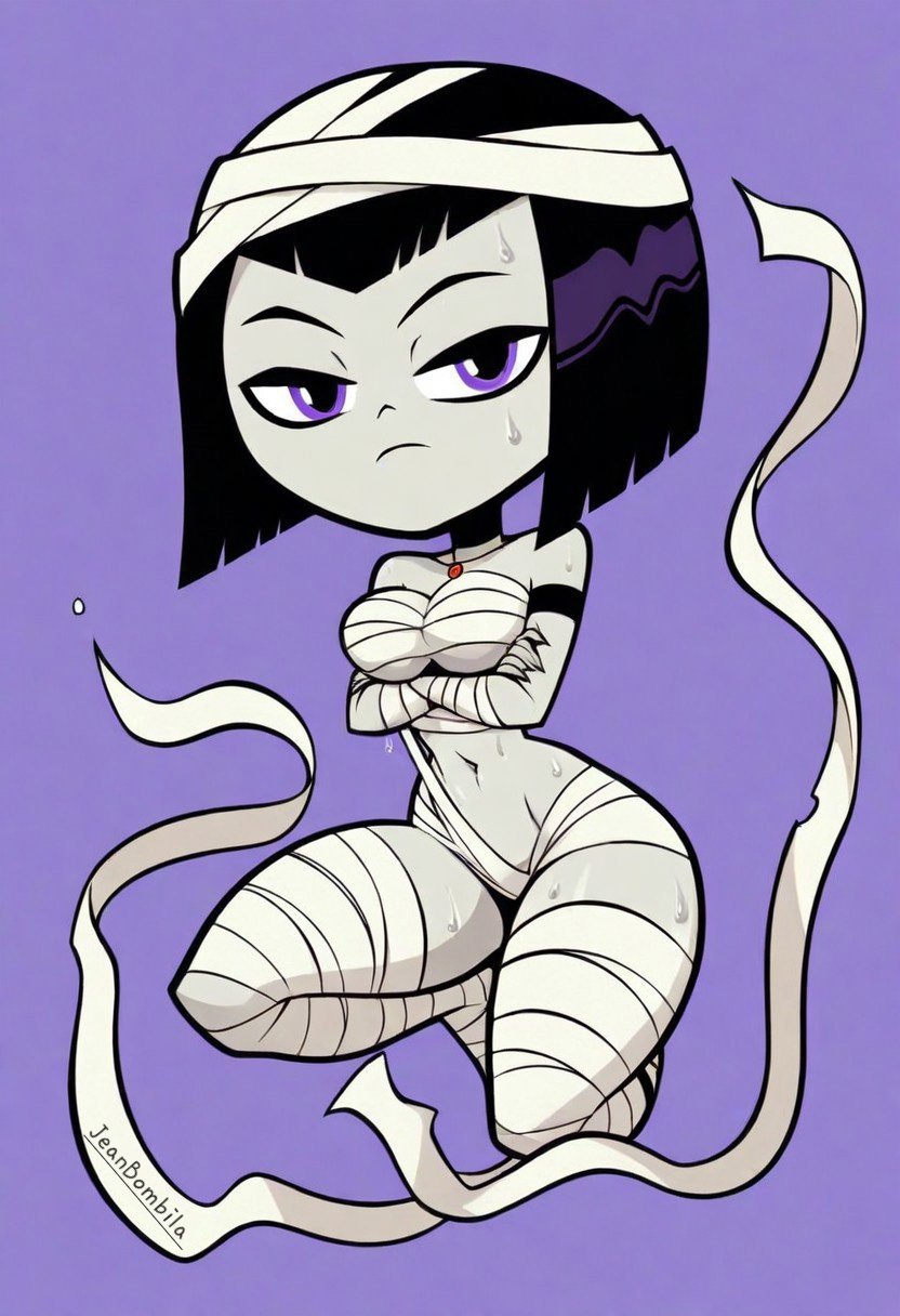 1girls, ai generated, alternate breast size, breasts, cartoon network, dc, dc comics, female, female only, halloween, jeanbombila666, male/female, mummy, mummy costume, raven, raven (dc), solo, teen titans, teen titans go