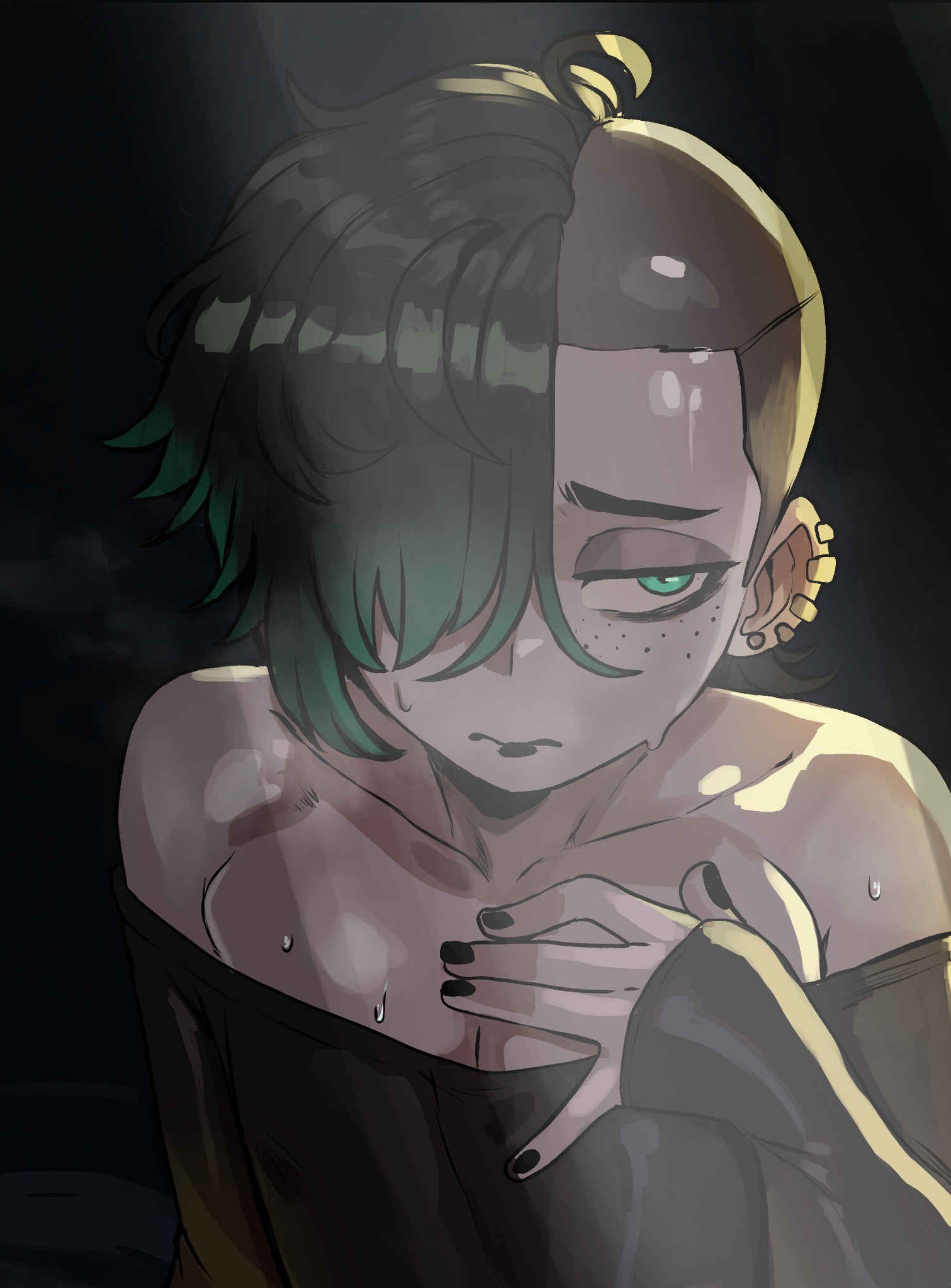 1femboy, asymmetrical hair, bare shoulders, black hair, black nails, ear piercing, embarrassed, eyeshadow, facing viewer, femboy, freckles, goth, goth boy, green eyes, green hair, hair over one eye, lewdrover, looking away, makeup, male, male only, male with painted nails, max (lewdrover), nail polish, nervous sweat, off-shoulder sweater, original, otoko no ko, pecs, preview, shaved head, sleeves past wrists, solo male, sweat, sweater, thick eyebrows, trap