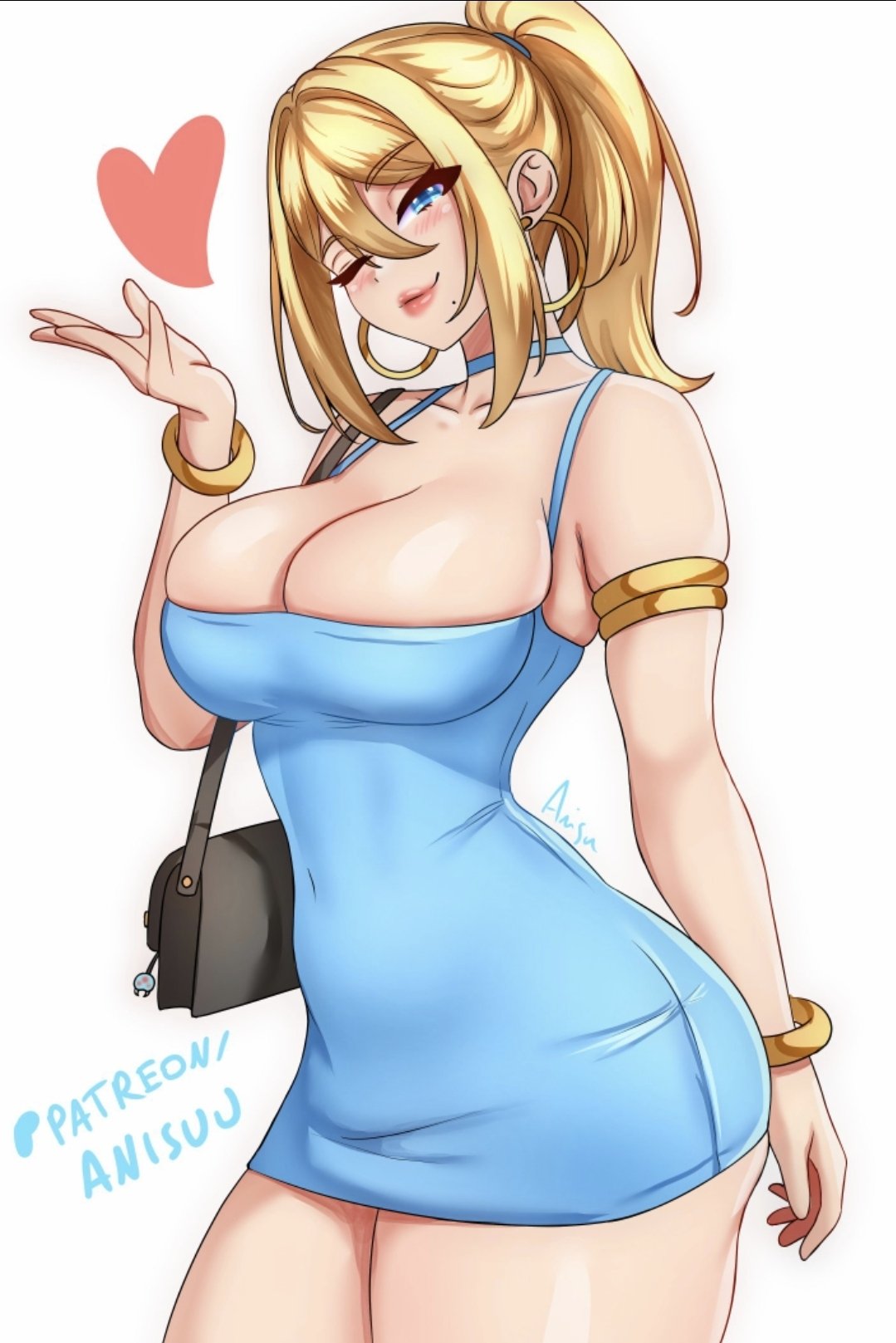 1girls, anisdrawn, artist name, ass, bare shoulders, blonde hair, blue dress, blue eyes, blush, bracelet, bracelets, breasts, cleavage, covered navel, dress, earrings, female, handbag, hoop earrings, jewelry, large breasts, lips, looking at viewer, metroid, mole, mole under mouth, nintendo, one eye closed, ponytail, purse, samus aran, shiny skin, simple background, solo, solo female, solo focus, thick thighs, thighs, white background, wink, winking at viewer