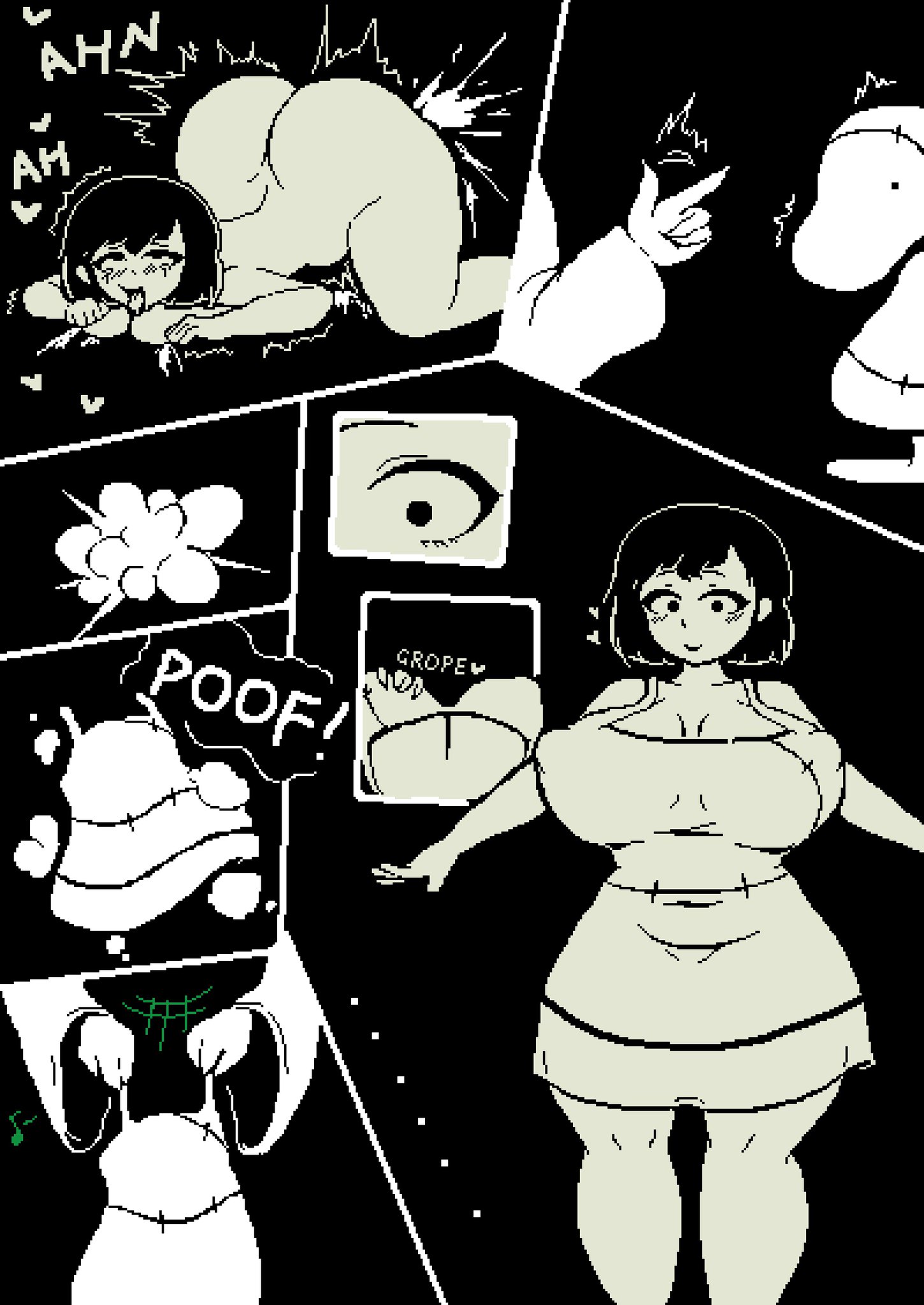 1gonth, ahe gao, apron, big ass, big breasts, blush lines, blushing, breasts, comic, dummy (undertale), female, frisk, frisk (undertale), gigantic ass, groping, groping self, highres, mr1ngonth, nude, orgasm, pixel art, possession, practically nude, shaking, snapping fingers, toriel, undertale