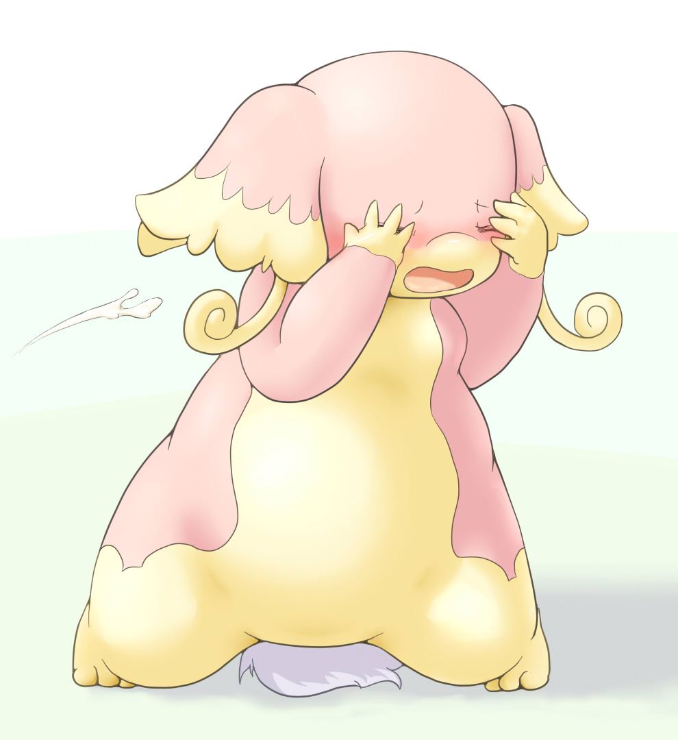 audino big_ears canopus335 covered_eyes cum cumshot hiding kneeling open_mouth orgasm pink plain_background pokemon solo white_background