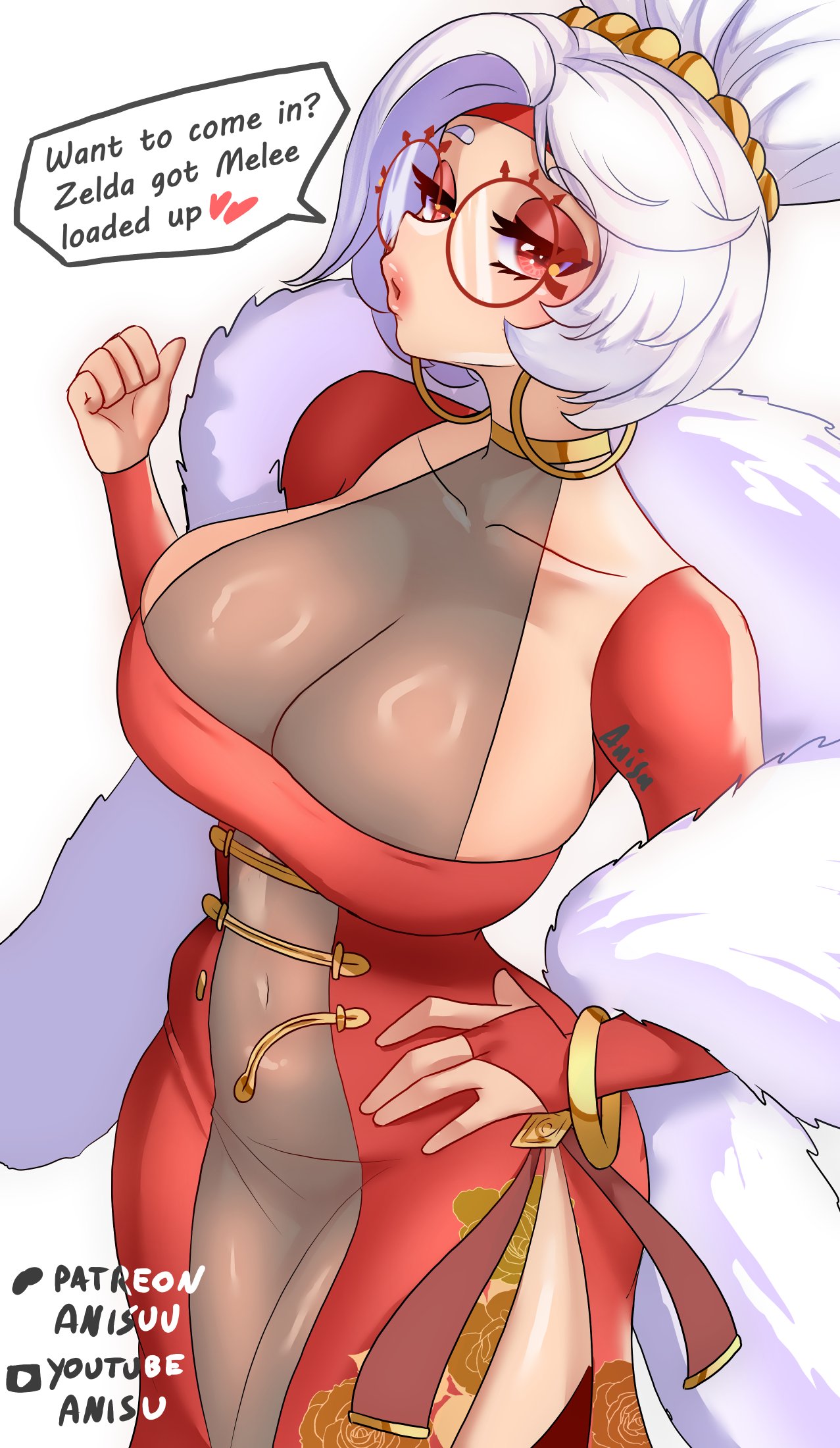 1girls, anisdrawn, big breasts, breasts, cleavage, covered navel, dress, earrings, english text, female, glasses, hoop earrings, large breasts, lips, looking at viewer, nintendo, purah, purah (tears of the kingdom), red dress, side slit, simple background, solo, solo female, solo focus, speech bubble, tears of the kingdom, text, text bubble, the legend of zelda, white background, white hair