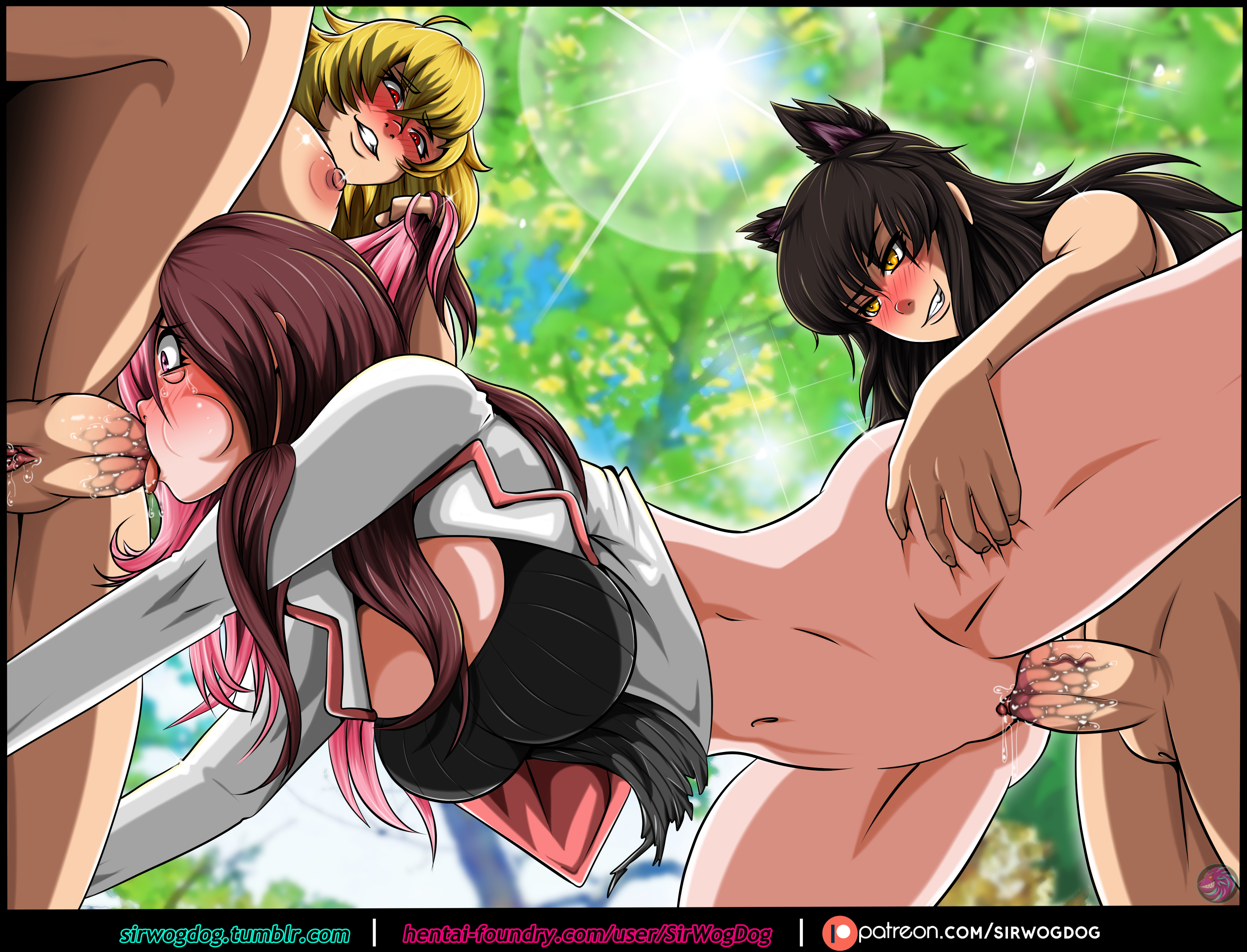 1girls, 2futas, absurdres, areolae, blake belladonna, breasts, choking, cleavage, dickgirl, erection, fellatio, female, femsub, futa on female, futadom, futanari, gagging, highres, intersex, neo (rwby), nipples, nude, oral, penetration, penis, pussy, rwby, sex, sirwogdog, spitroast, threesome, vaginal, vaginal penetration, yang xiao long