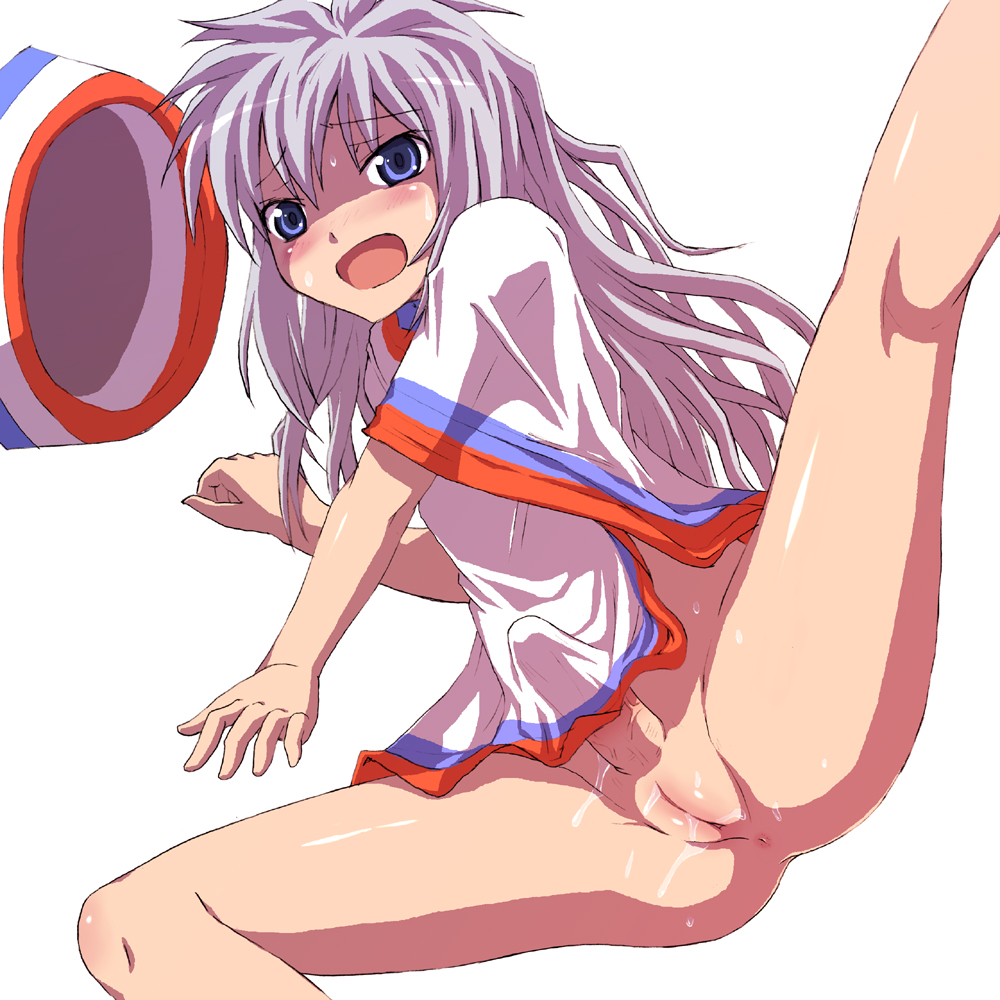 anus blue_eyes blush dawy futanari gray_hair grey_hair hakata-san intersex long_hair original pussy pussy_juice sombrero source_request spread_legs sweat