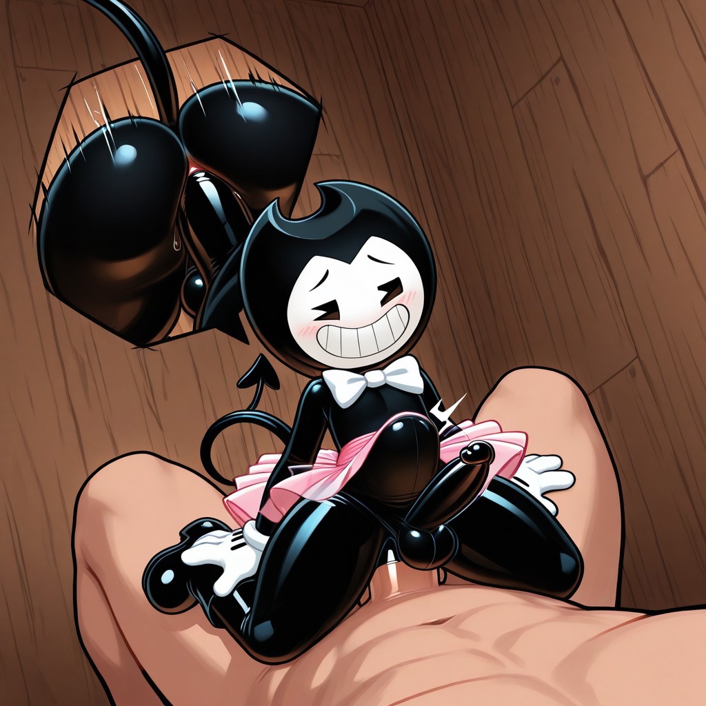 ai generated, anal sex, anon, bendy, bendy and the ink machine, bendy the dancing demon, completely nude, cute, gay, gay sex, indoors, intimate, large insertion, male, male only, multiple angles, penetration, penis, sex, smile, stomach bulge, thicc, tutu