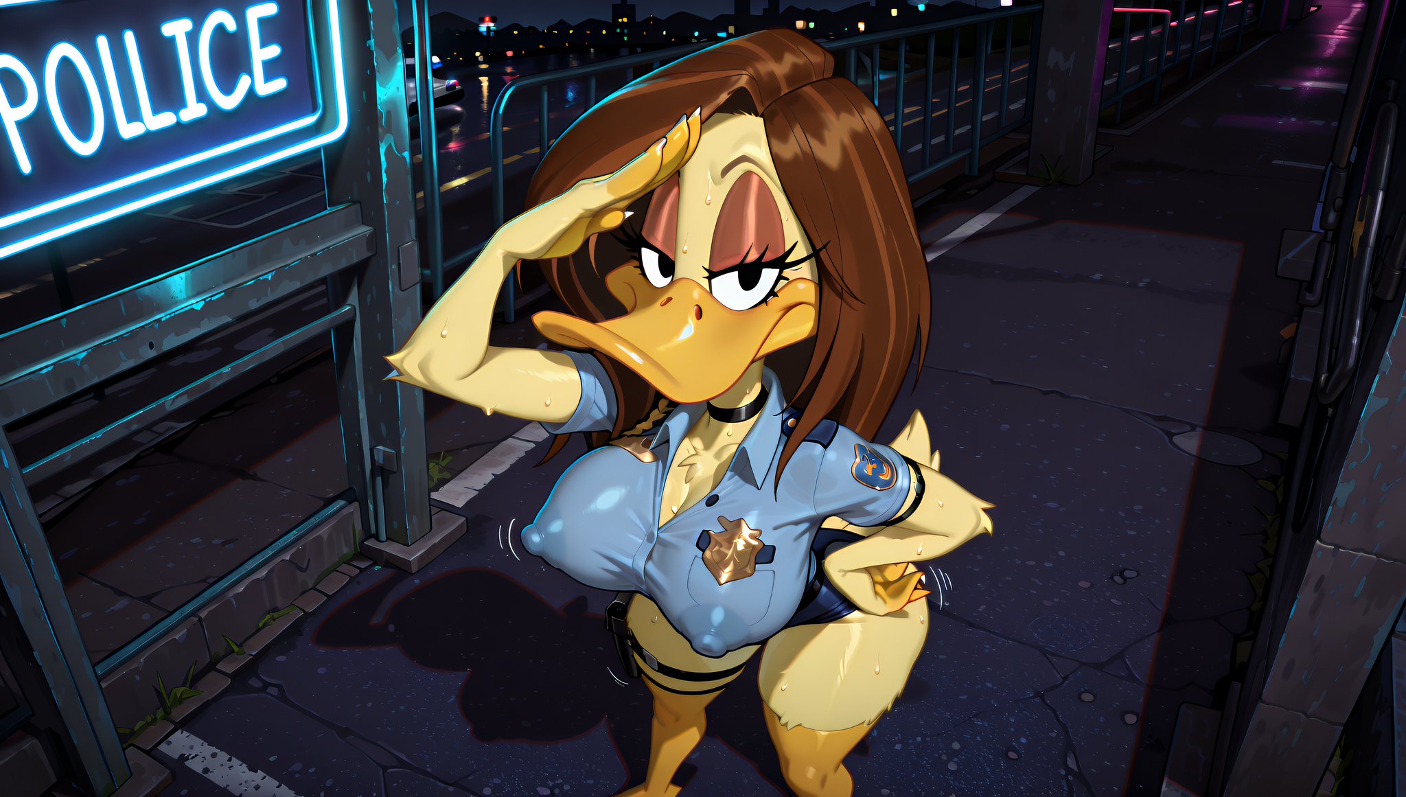 1girls, 2025, 2025s, above view, ai assisted, ai generated, anatid, anseriform, anthro, anthro female, anthrofied, areola, areolae, avian, avian humanoid, badge, beak, bedroom eyes, big breasts, big thighs, bird, bird girl, bird humanoid, black eyes, blue skirt, breasts, brown hair, choker, closed beak, duck, duck feet, duck girl, duck humanoid, duck tail, erect nipples, eyebrows, eyelashes, feathers, female, female anthro, female focus, female only, fully clothed, fur, furry, furry female, half-closed eyes, hand on hip, hi res, high quality, high resolution, highres, huge breasts, huge thighs, illustrious (stable diffusion), large breasts, leg belt, looking at viewer, looney tunes, mammal, massive breasts, narrowed eyes, neon lights, night, nighttime, nipples, outdoors, outside, police, police girl, police hat, police uniform, policewoman, pony diffusion (model), pony diffusion xl, salute, skirt, smile, smiling, smiling at viewer, solo, solo female, solo focus, stable diffusion, standing, street, sweat, sweatdrop, synthneon, tail, the looney tunes show, thick thighs, thighs, tina russo, warner bros, warner bros. animation, warner brothers, wide hips, yellow beak, yellow body, yellow feather, yellow feathers