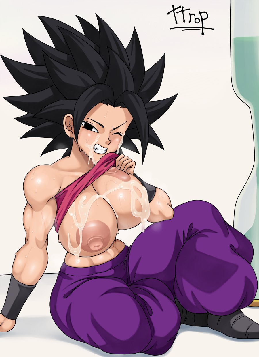 1girls, alternate version available, areolae, armwear, big breasts, black eyes, black hair, bottomwear, breasts, breasts out, caulifla, clothes lift, clothing, cum, cum on breasts, cum on face, dragon ball, exposed breasts, female, female only, footwear, hair, huge breasts, nipples, one eye closed, pants, purple pants, solo, solo female, spiky hair, steam, steaming body, sweat, sweatdrop, sweating, sweaty, sweaty breasts, ttrop, tubetop