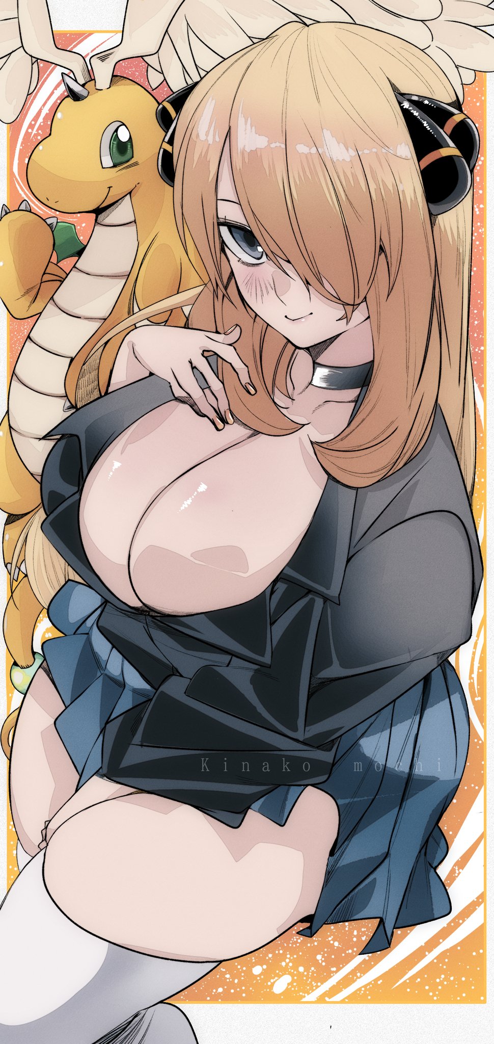 1girls, blonde hair, breasts, clothed, clothing, cynthia (pokemon), dragonite, female, female focus, game freak, grey eyes, hair over one eye, large breasts, light skin, light-skinned female, looking at viewer, mega dragonite, nintendo, omochi db, pokemon, pokemon dppt, pokemon legends: z-a, skirt, solo focus, thick thighs, thighhighs, thighs, wide hips