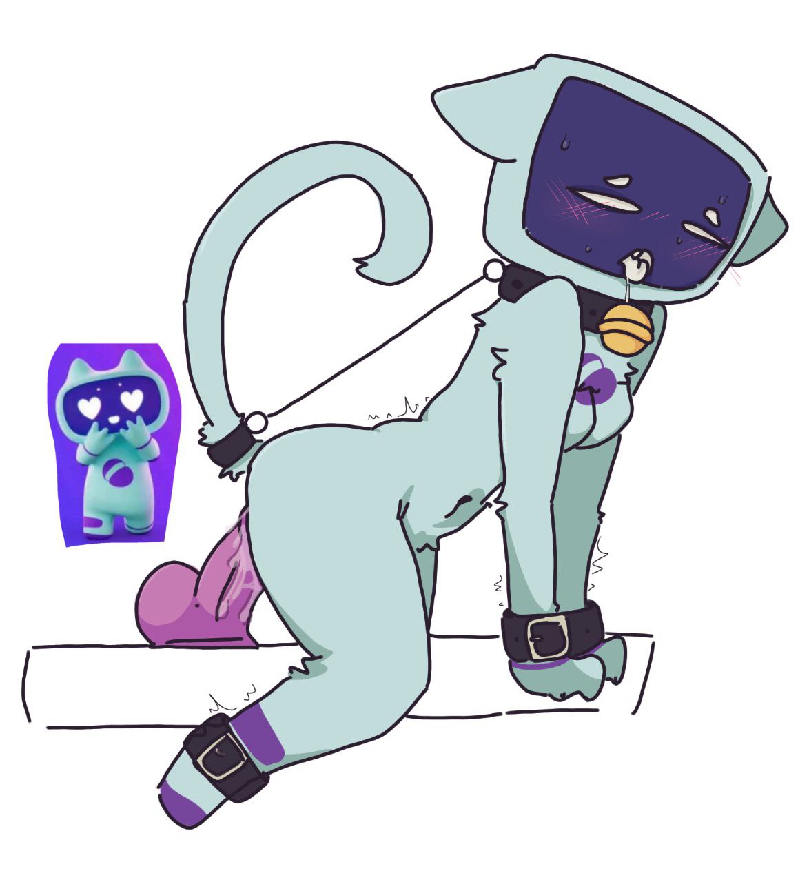 2d, ahe gao, artist request, belt, belt collar, breasts, cat ears, cat tail, chatty (max), choker, dildo, female, masturbation, riding, screen face, solo female, tv head