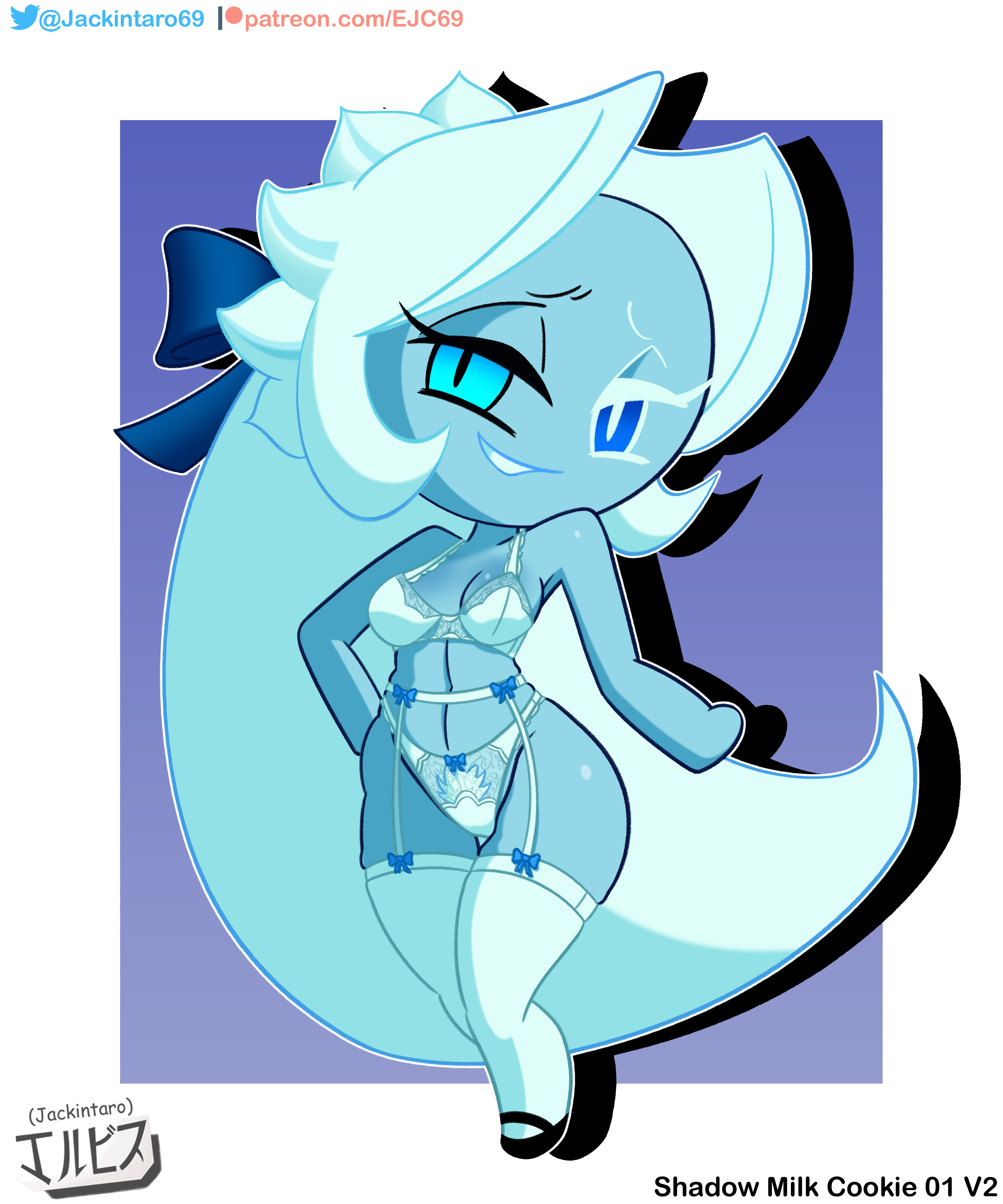 blue body, blue eyes, breasts, cookie run, cookie run kingdom, digital media (artwork), fanart, jackintaro, lady in azure (shadow milk cookie), lingerie, looking at viewer, shadow, shadow milk cookie, simple background, smile, stockings, underwear, white hair
