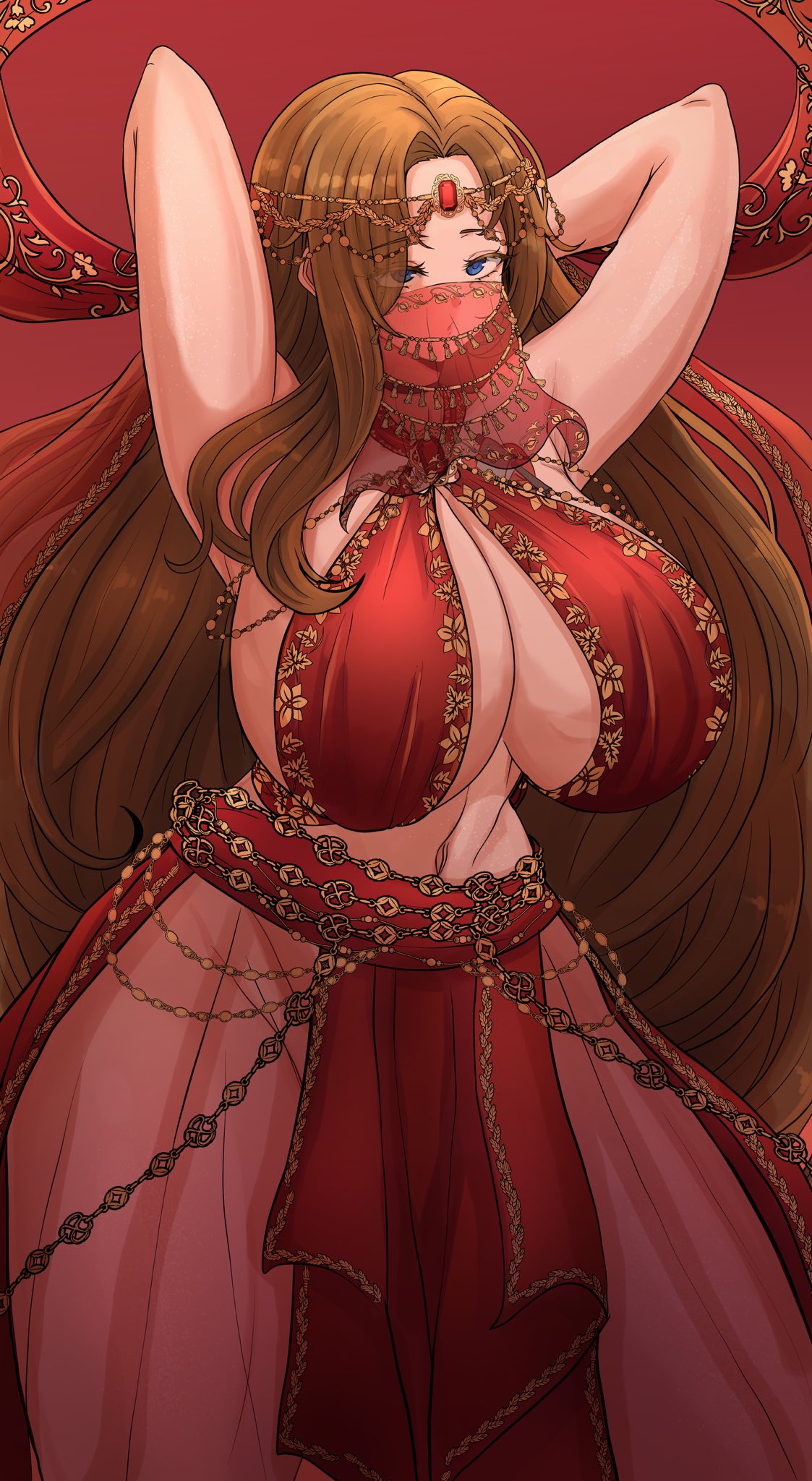 1girls, armpits, arms behind head, bbambi, big breasts, blue eyes, breasts, breasts bigger than head, dancer, dancer outfit, female, hair, harem outfit, huge breasts, jewelry, large breasts, large thighs, limbus company, long hair, lots of jewelry, midriff, navel, pinup, project moon, rodion (limbus company), solo, solo female, solo focus, thick thighs, thighs