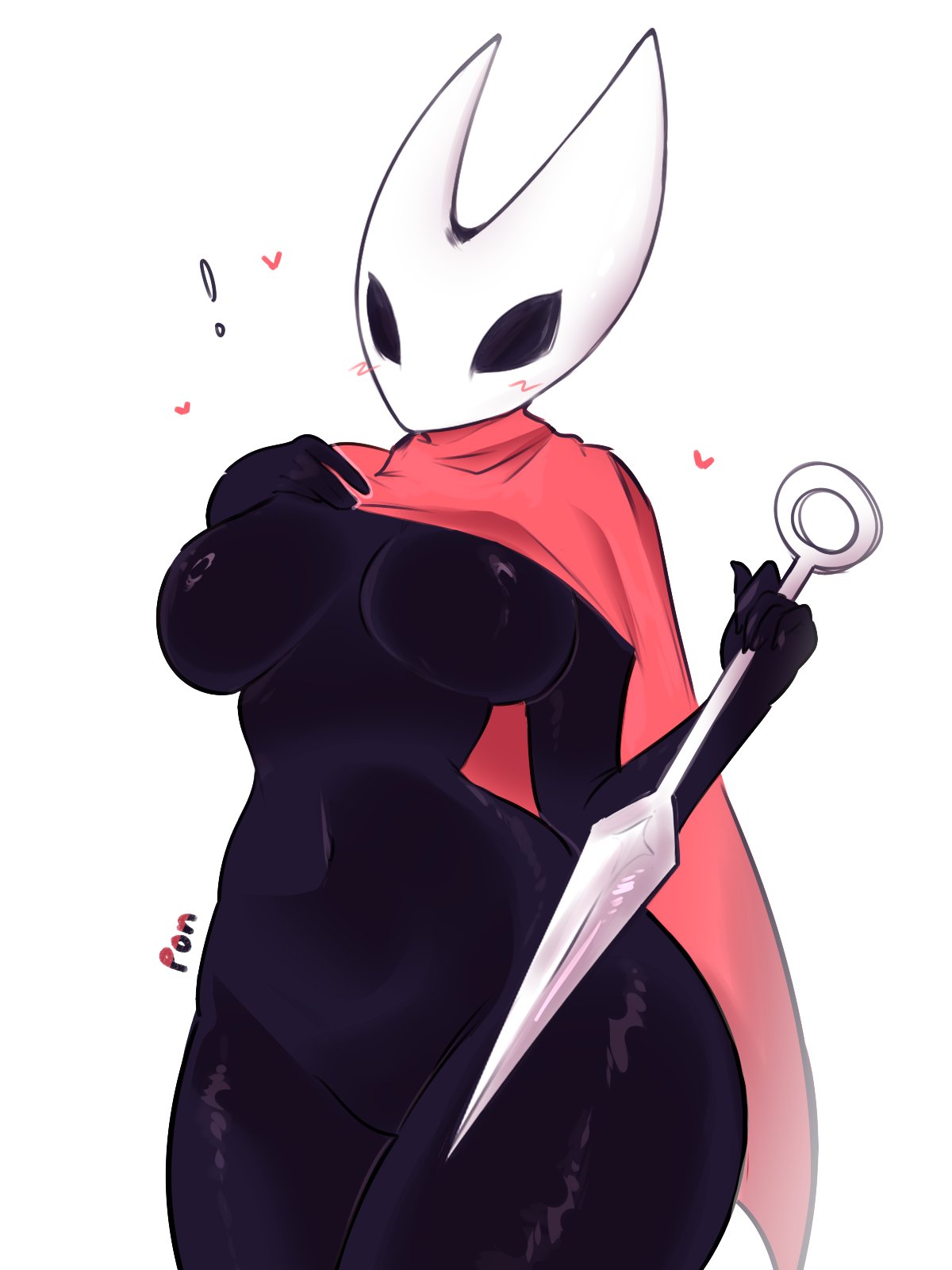 1girls, black body, blush, breasts, cape, curvy, featureless breasts, female, female only, hollow knight, hollow knight: silksong, hornet (hollow knight), hourglass figure, no nipples, plain background, pponpon pon, solo, solo female, team cherry, thick thighs, thighs, white background