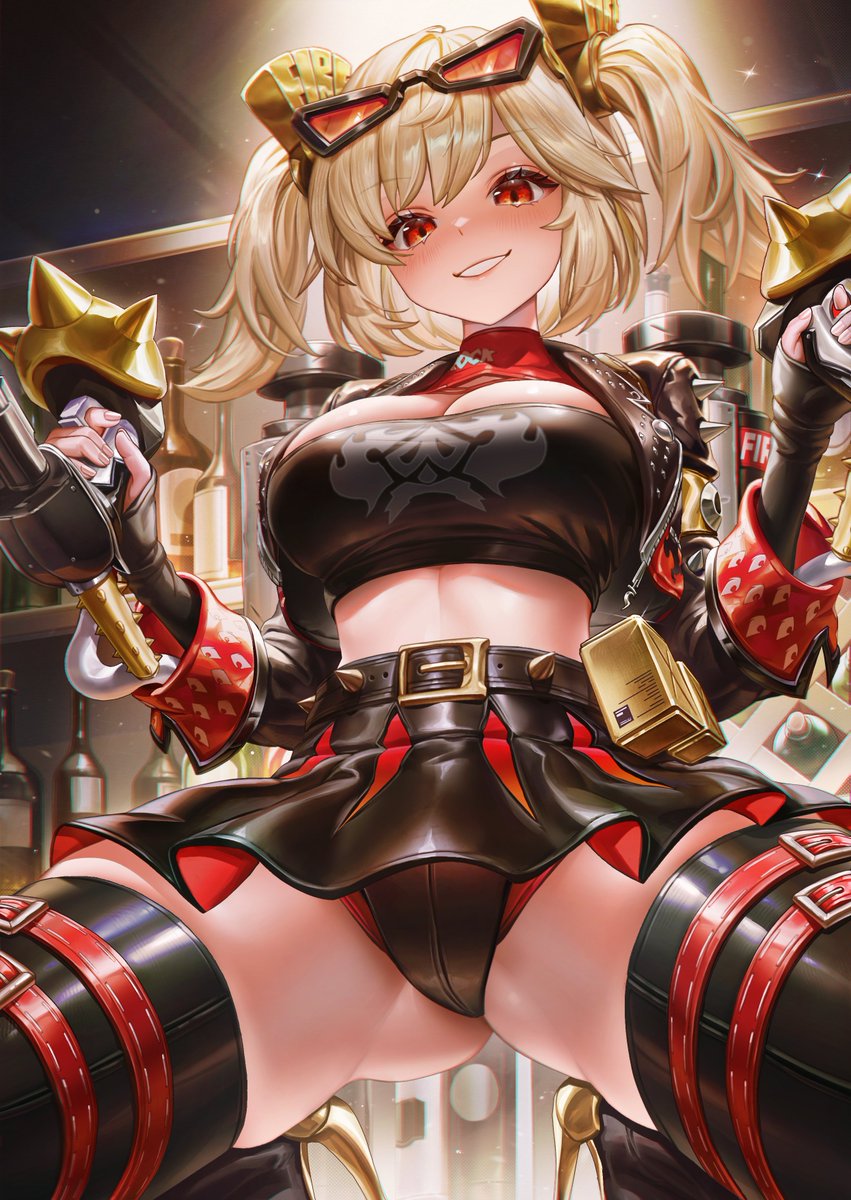 1girls, artofkuzu, bar (place), belt, black panties, black skirt, blonde hair, boots, breasts, burnice white, cleavage, eyewear on head, female, fingerless gloves, gloves, high heel boots, high heels, high-waist skirt, highres, jacket, leather, leather boots, leather gloves, leather jacket, leather panties, leather skirt, looking at viewer, looking down, panties, red eyes, skirt, smirk, studded belt, sunglasses, thighhighs, twintails, underwear, zenless zone zero