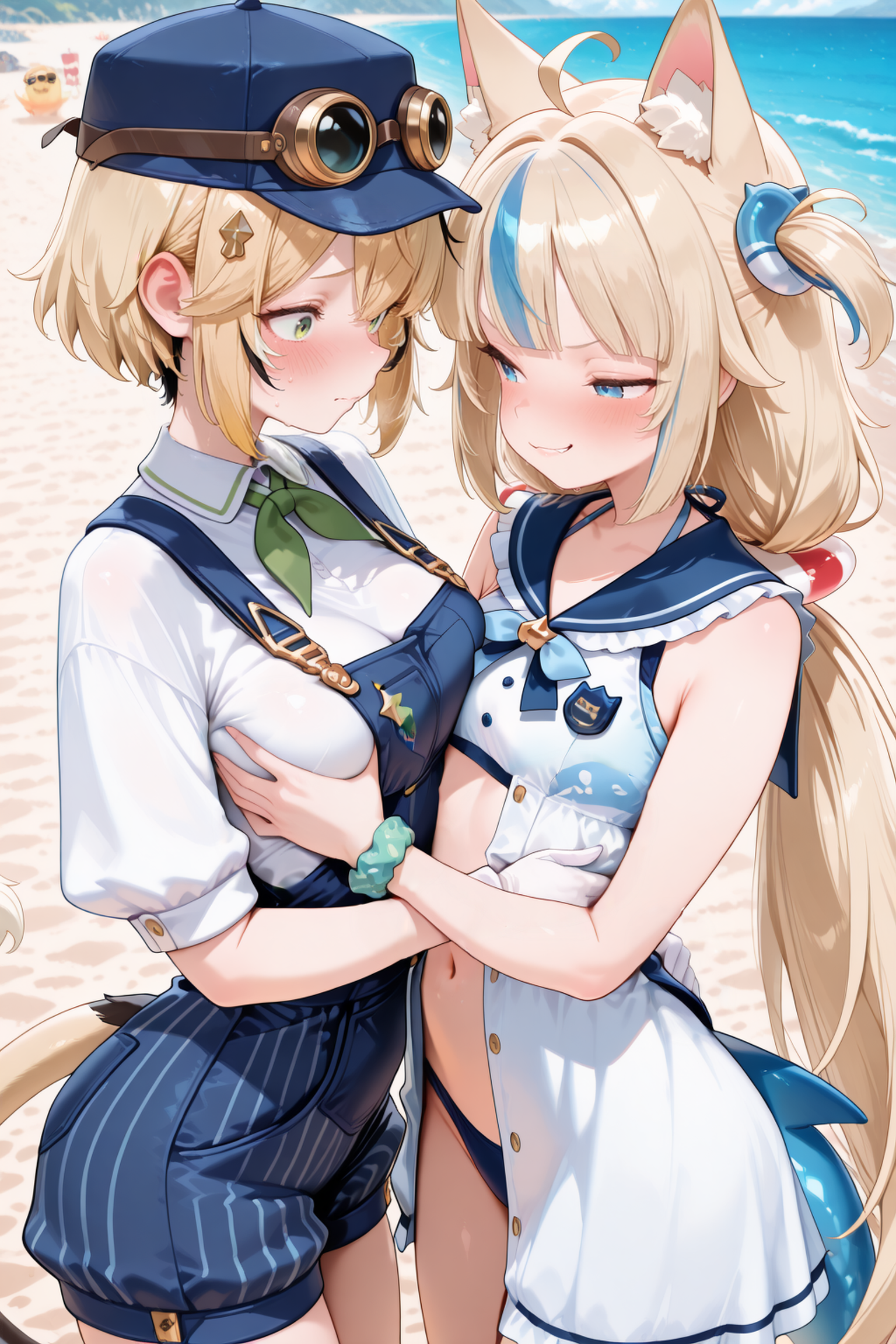 2girls, ai generated, arbitrary, asymmetrical docking, beach, blonde hair, blue eyes, breast grab, breasts, dooby3d, female, flat chest, fox ears, goggles, goggles on head, green eyes, hat, large breasts, sameko saba, virtual youtuber, vtuber, yuri