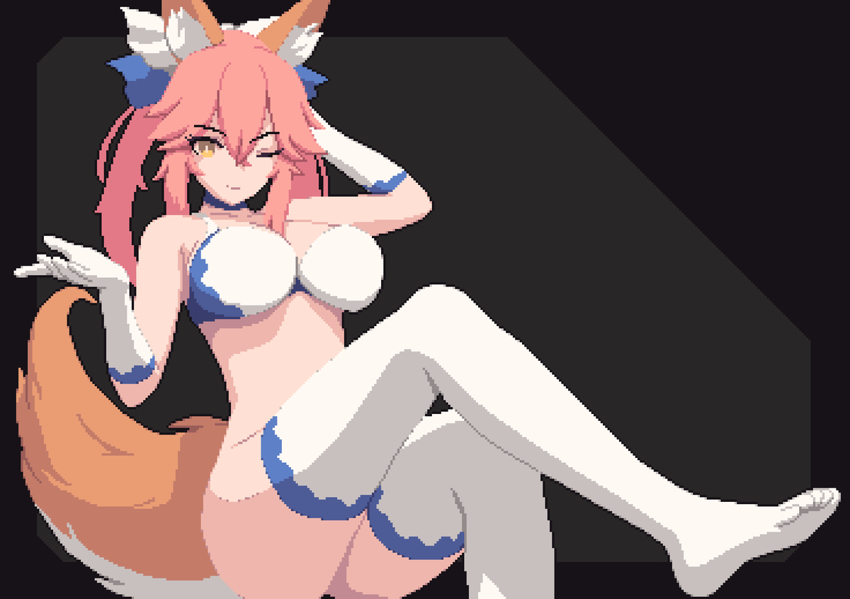 2024, animal ears, animal tail, big breasts, big thighs, big titties, breasts, curvaceous, curvaceous female, curvaceous figure, curvy, curvy figure, curvy hips, fate (series), fate/extra, fate/grand order, female, female focus, female only, long hair, no panties, pink hair, pixel art, seiko093, tamamo no mae (fate), thigh highs, thighhighs