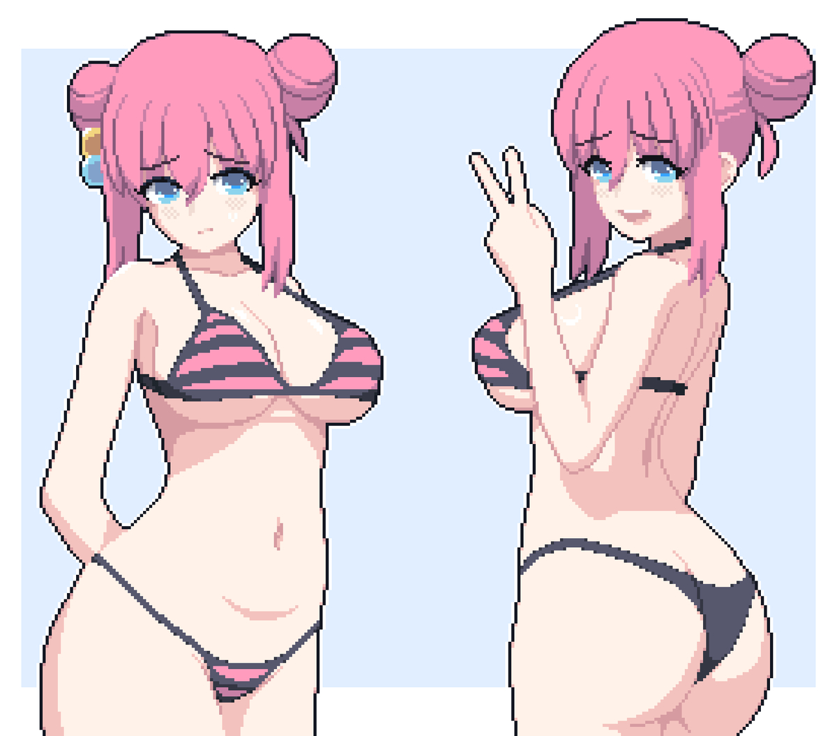 ass, big ass, big breasts, big butt, big thighs, big titties, bikini, bocchi the rock!, breasts, curvaceous, curvaceous female, curvaceous figure, curvy, curvy figure, curvy hips, female, female focus, female only, gotou hitori, long hair, pink hair, pixel art, seiko093
