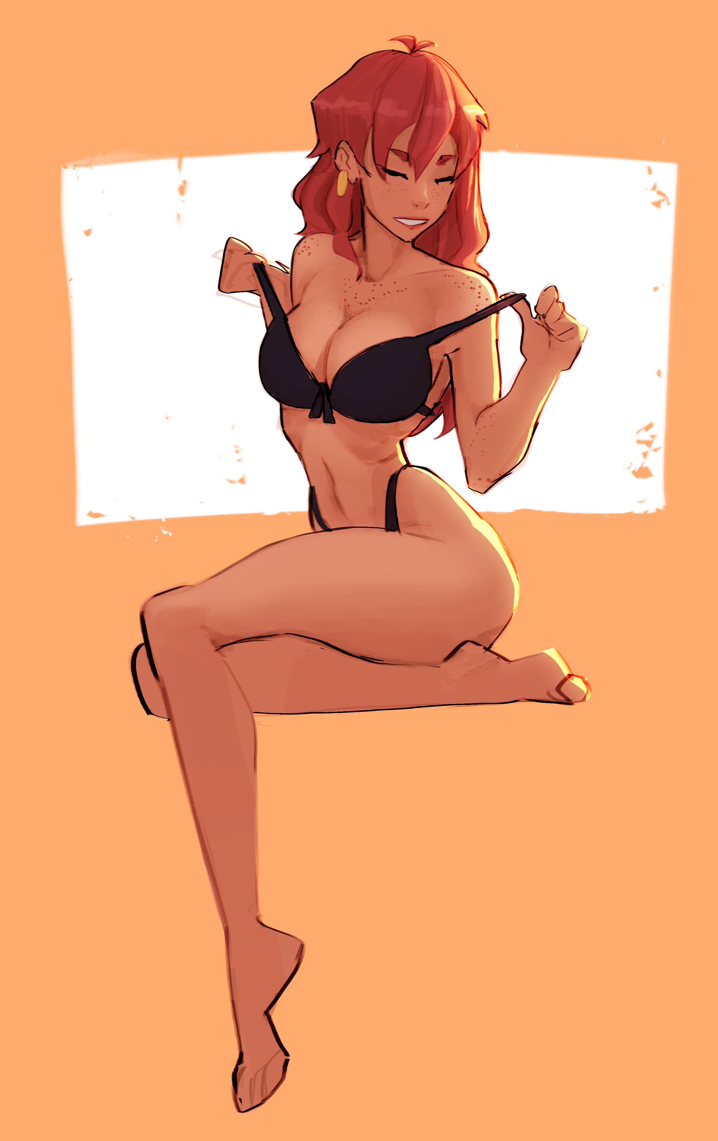 antwolph, barefoot, bikini, black bikini, body freckles, borrowed character, breasts, brown hair, cleavage, closed eyes, feet, female, freckles, full body, hair down, highleg, highleg bikini, invisible chair, long hair, medium breasts, ndasfw, original, pulled by self, sitting, strap pull, swimsuit